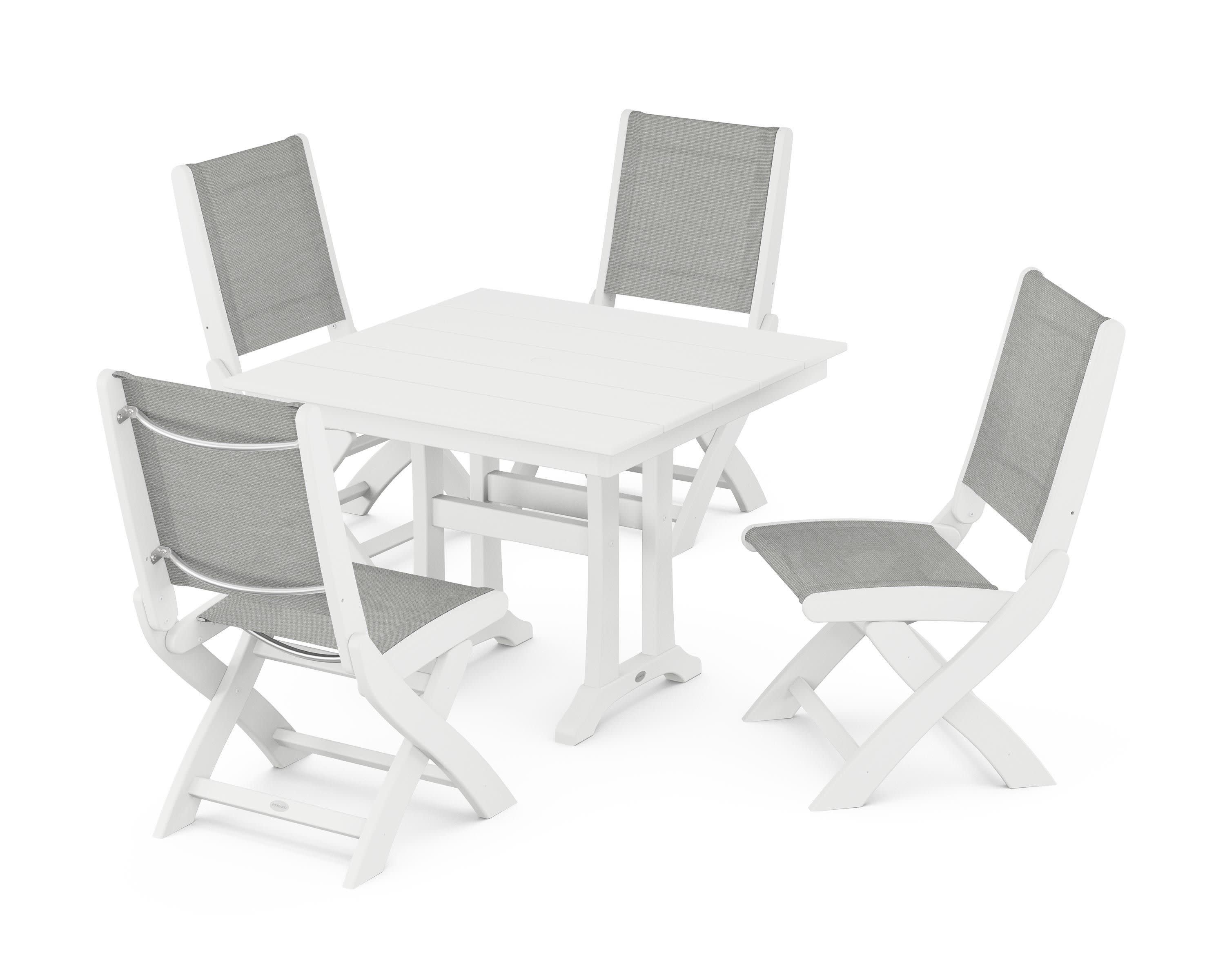 Coastal Folding Side Chair 5-Piece Farmhouse Dining Set With Trestle Legs in White / Metallic Sling