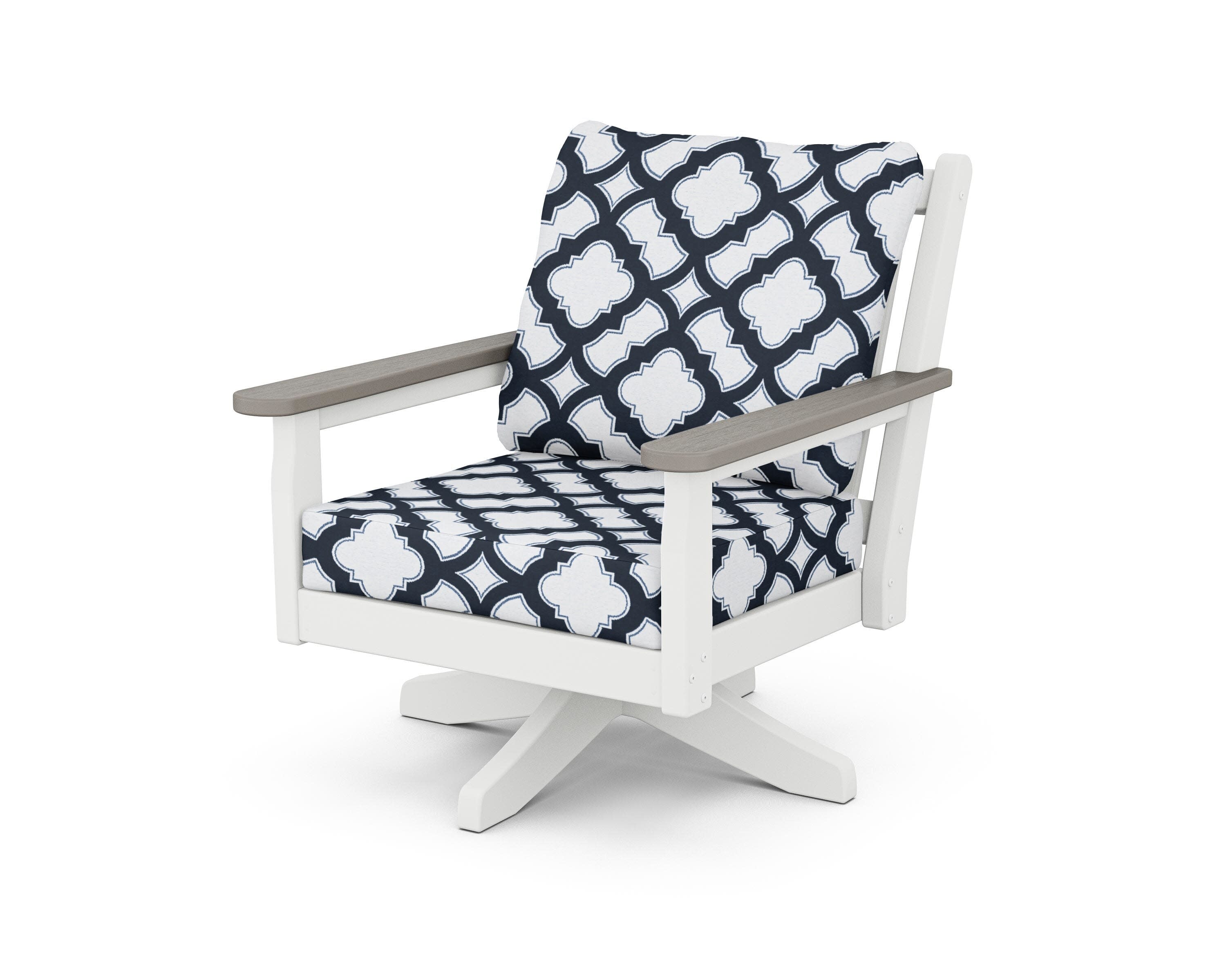 Chippendale Deep Seating Swivel Chair in White / Driftwood / Trellis Marine Indigo