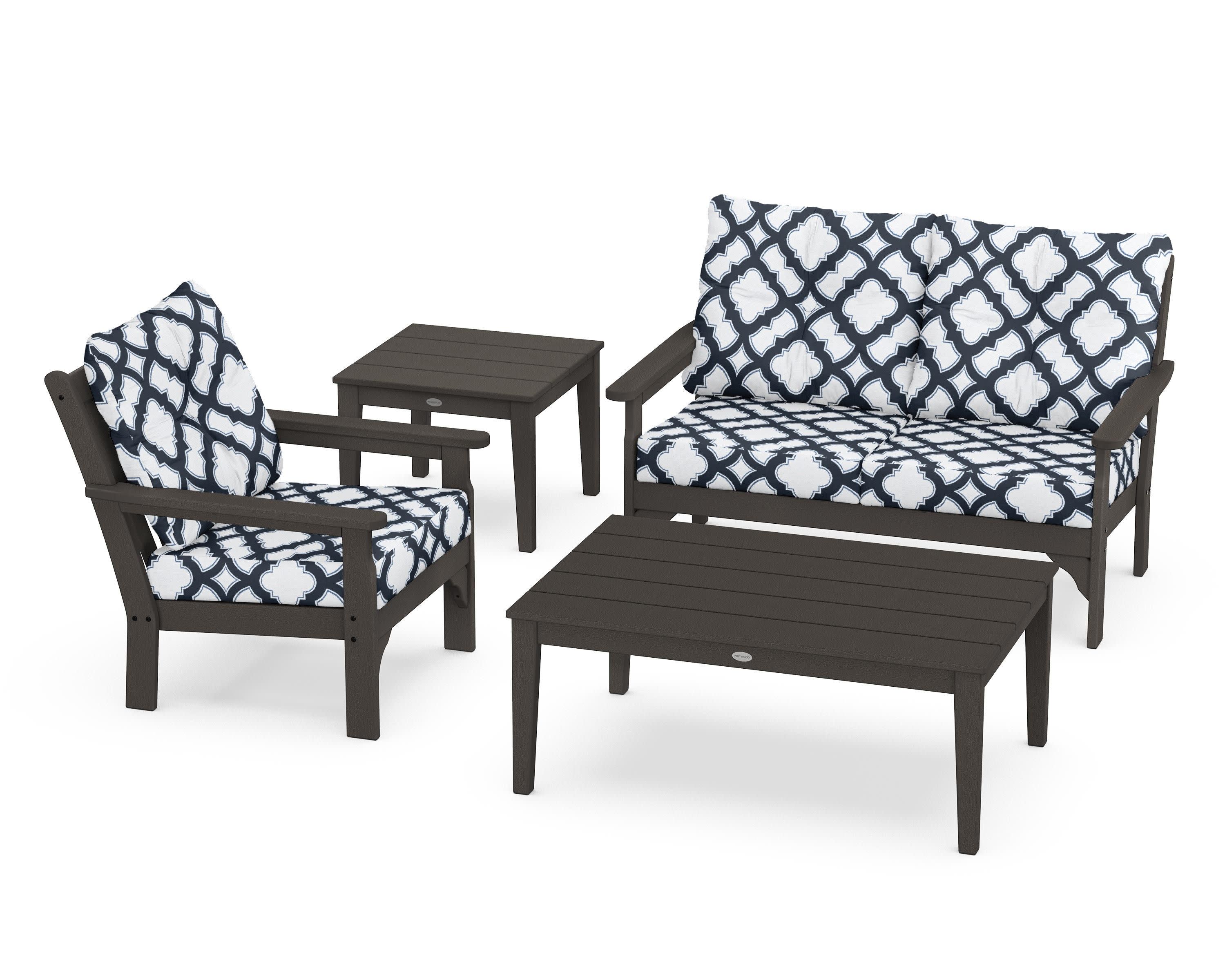 Vineyard 4-Piece Deep Seating Set in Vintage Coffee / Trellis Marine Indigo