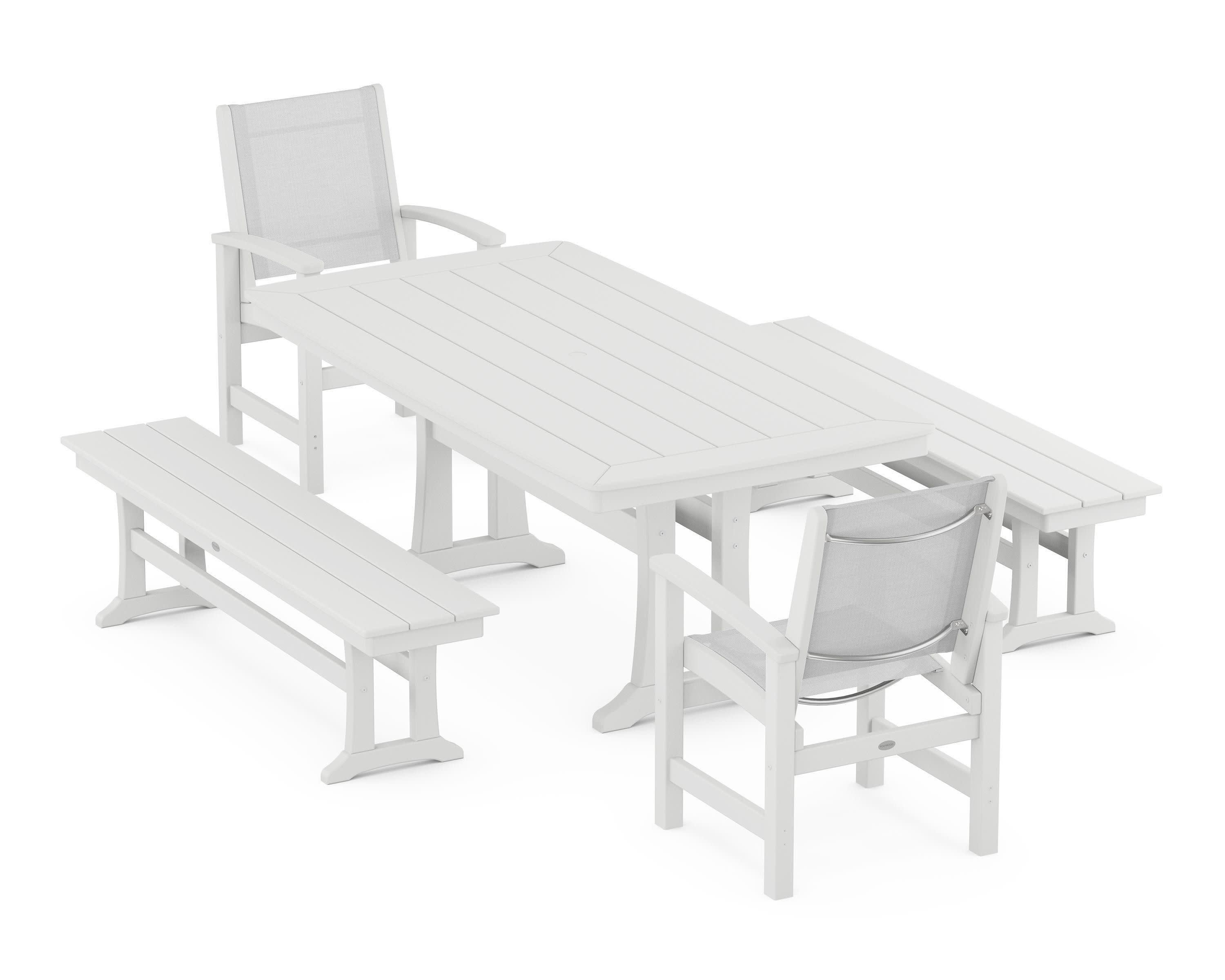 Coastal 5-Piece Dining Set with Trestle Legs and Benches in White / White Sling