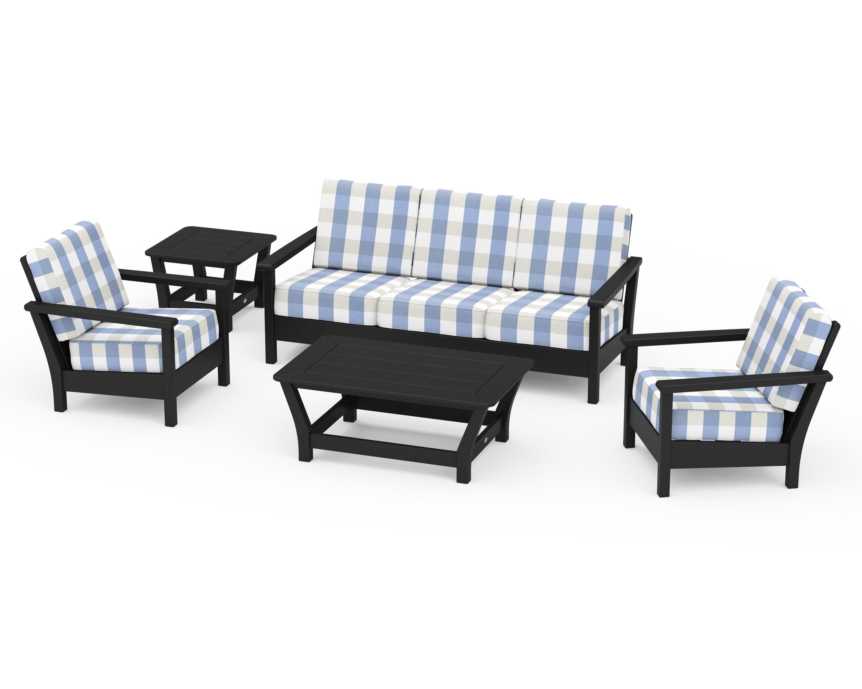 Harbour 5-Piece Deep Seating Set in Black / Buffalo Plaid Sky Blue