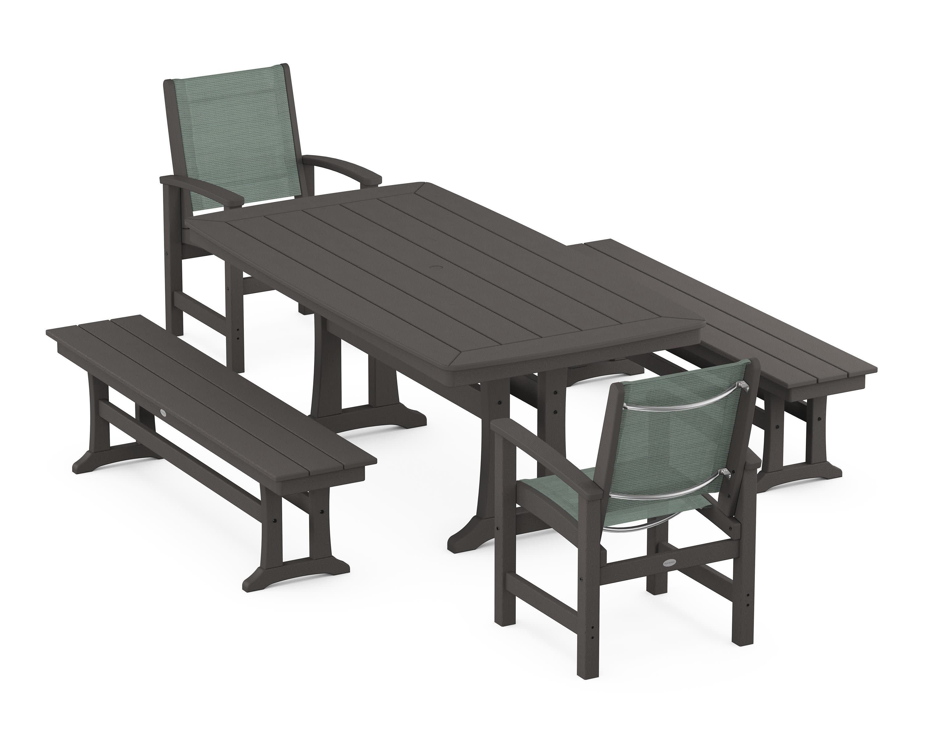 Coastal 5-Piece Dining Set with Trestle Legs and Benches in Vintage Coffee / Dupioni Sea Mist Sling