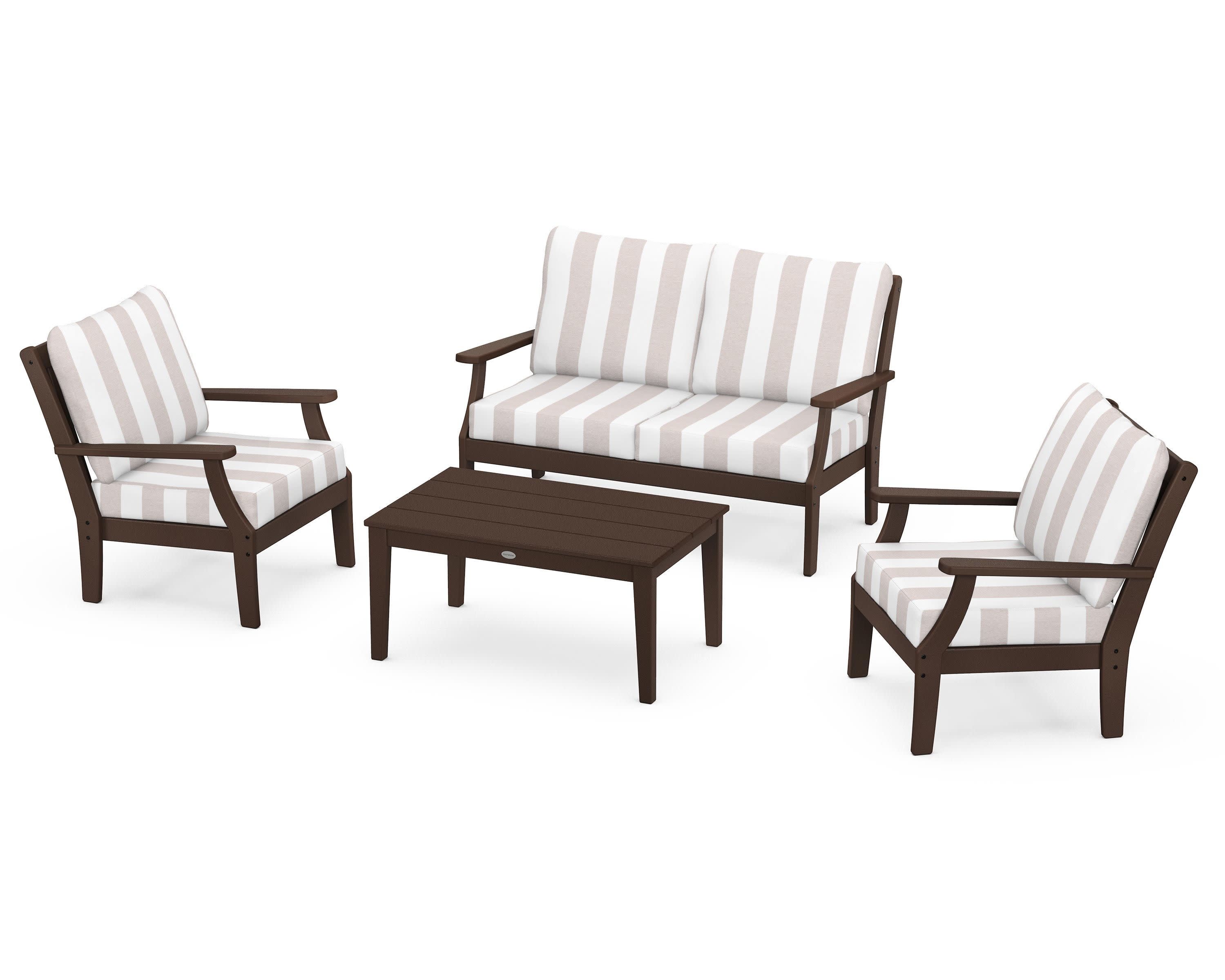 Braxton 4-Piece Deep Seating Chair Set in Mahogany / Cabana Stripe Dune Burlap