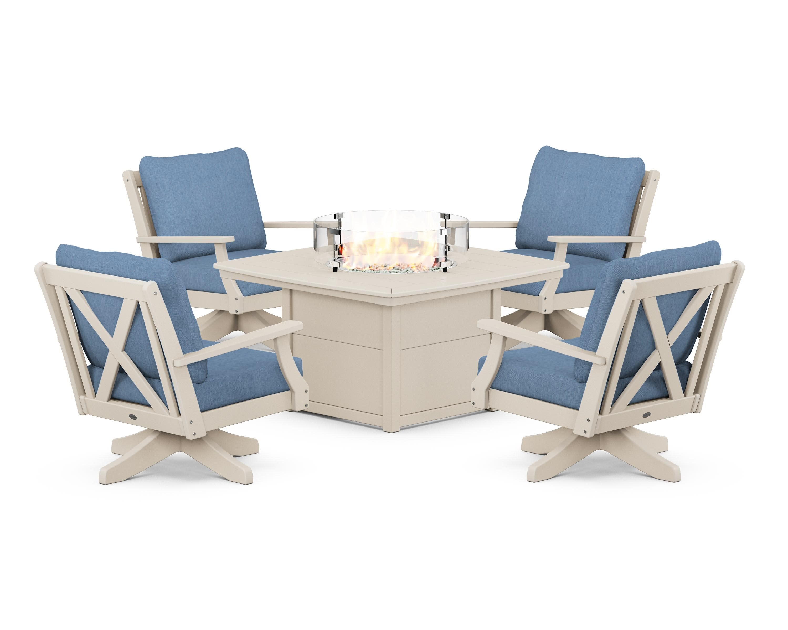 Braxton 5-Piece Deep Seating Swivel Conversation Set with Fire Pit Table in Sand / Sky Blue