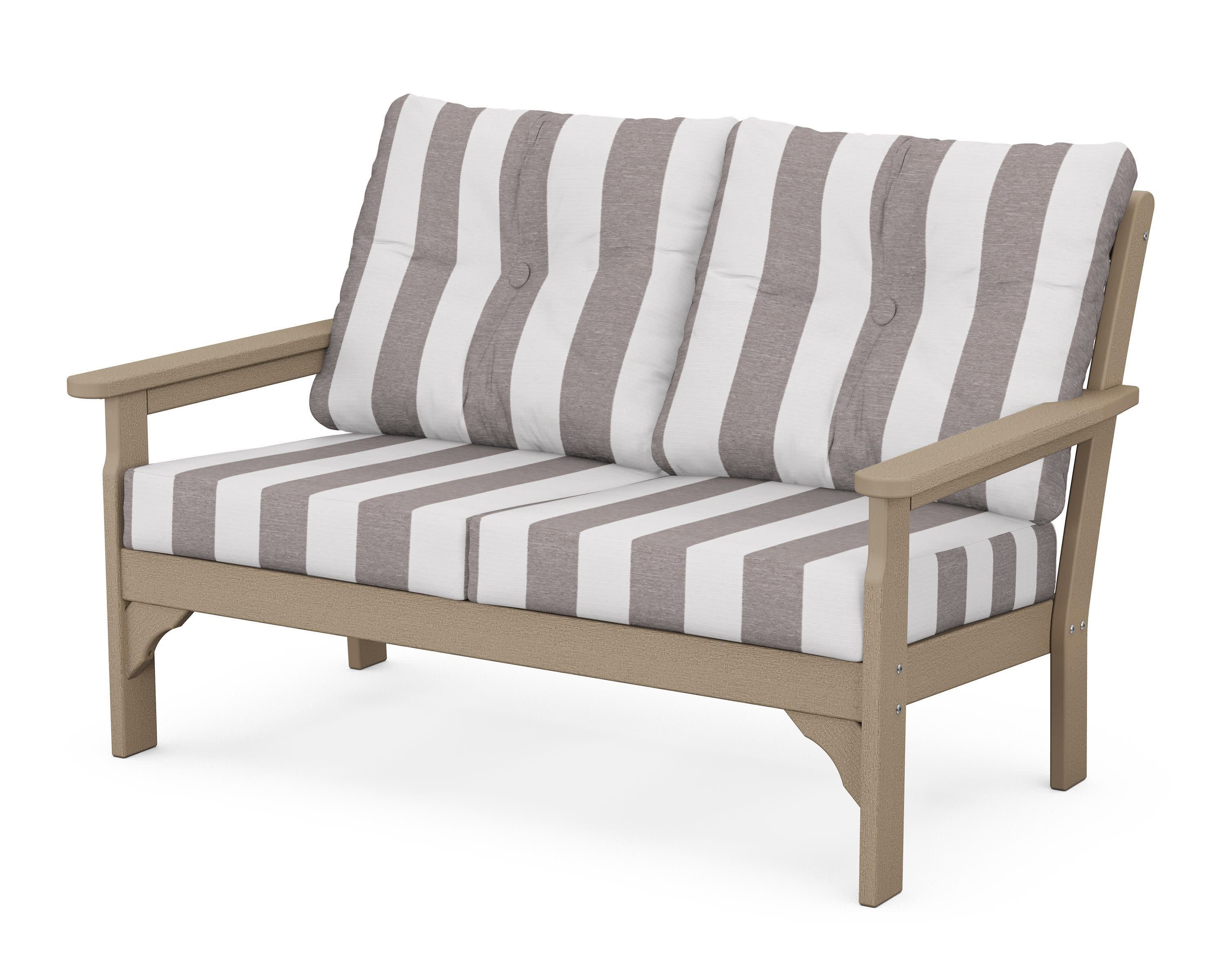 Vineyard Deep Seating Loveseat in Vintage Sahara / Cabana Stripe Grey Mist