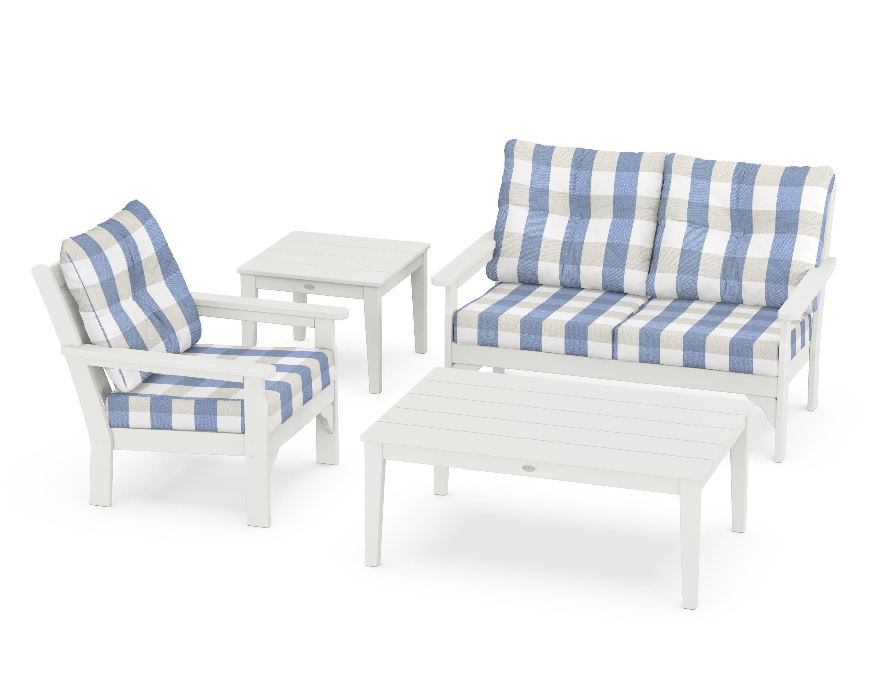 Vineyard 4-Piece Deep Seating Set in Vintage White / Buffalo Plaid Sky Blue