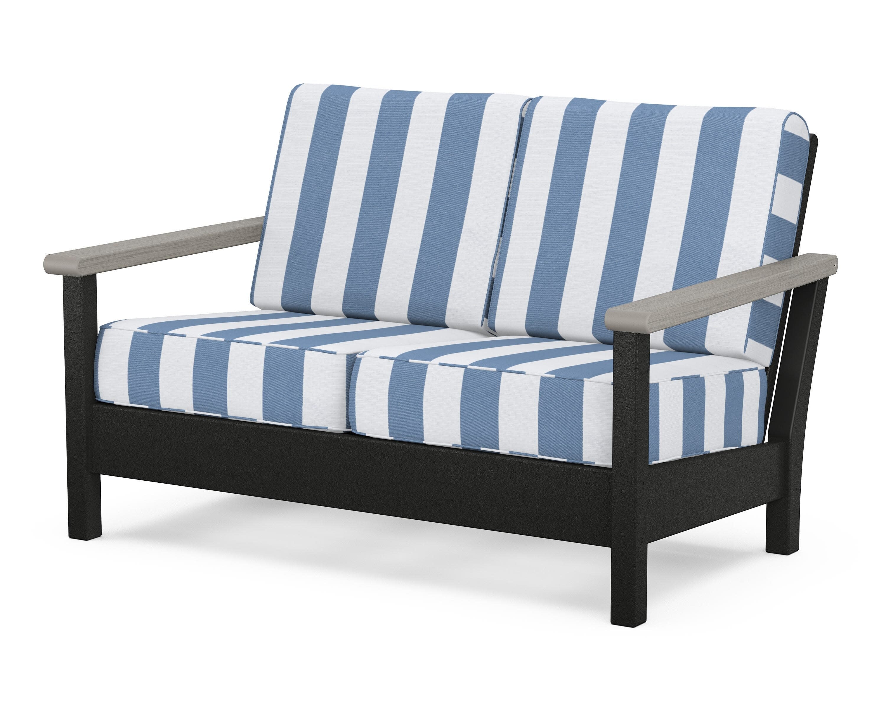 Harbour Deep Seating Loveseat in Black / Driftwood / Cabana Stripe Sky Blue
