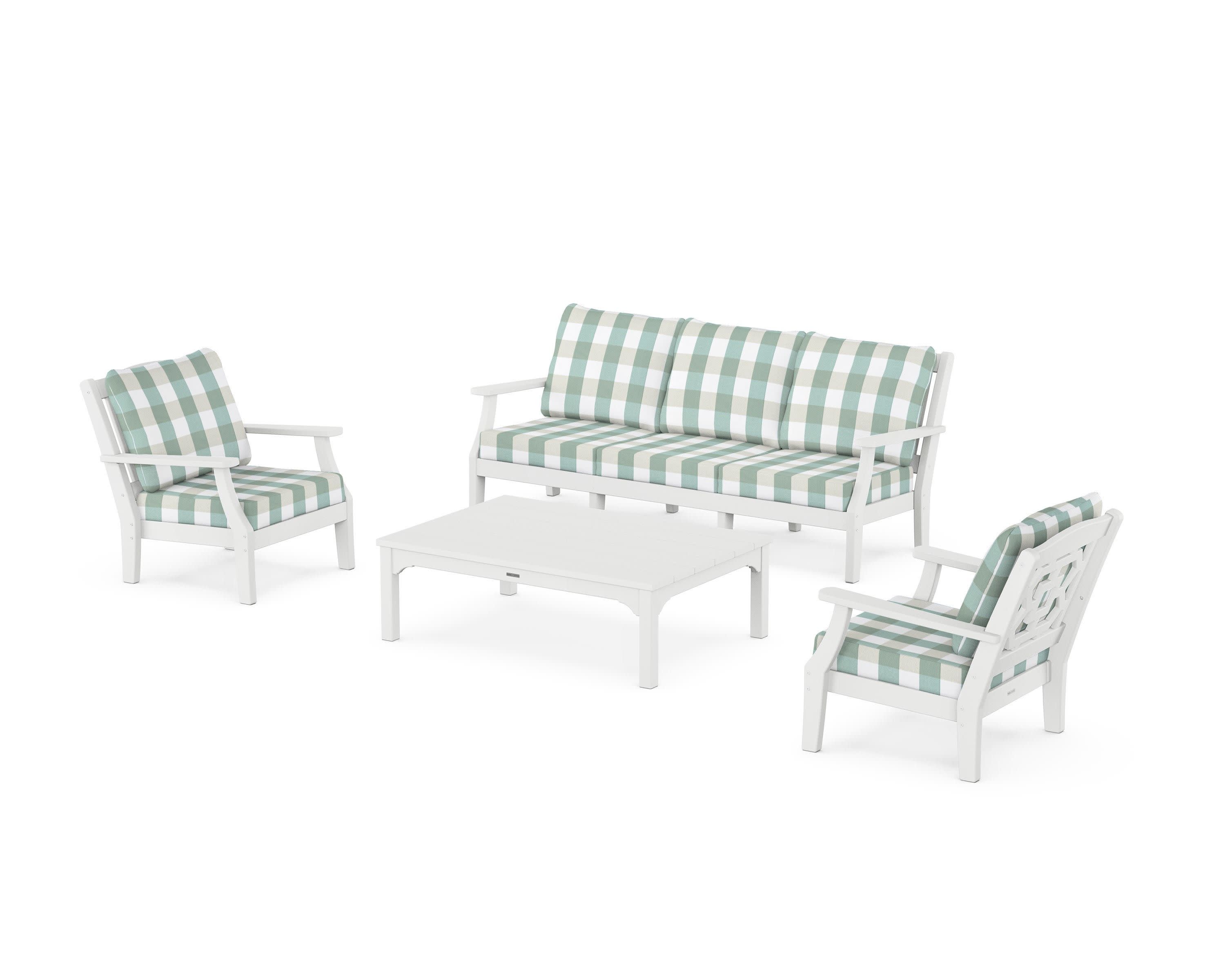 Chinoiserie 4-Piece Deep Seating Set with Sofa in White / Buffalo Plaid Glacier Spa