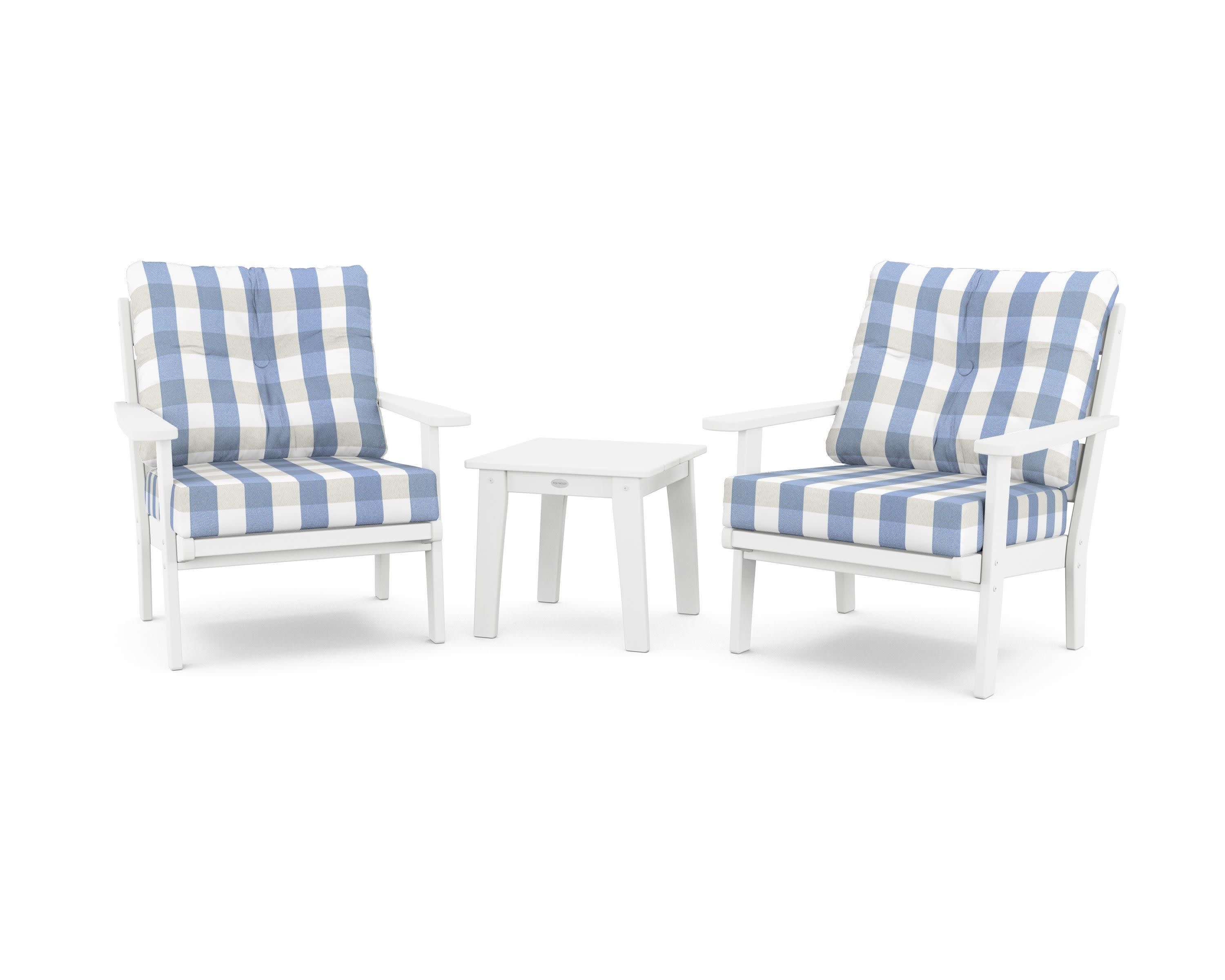 Lakeside 3-Piece Deep Seating Chair Set in White / Buffalo Plaid Sky Blue