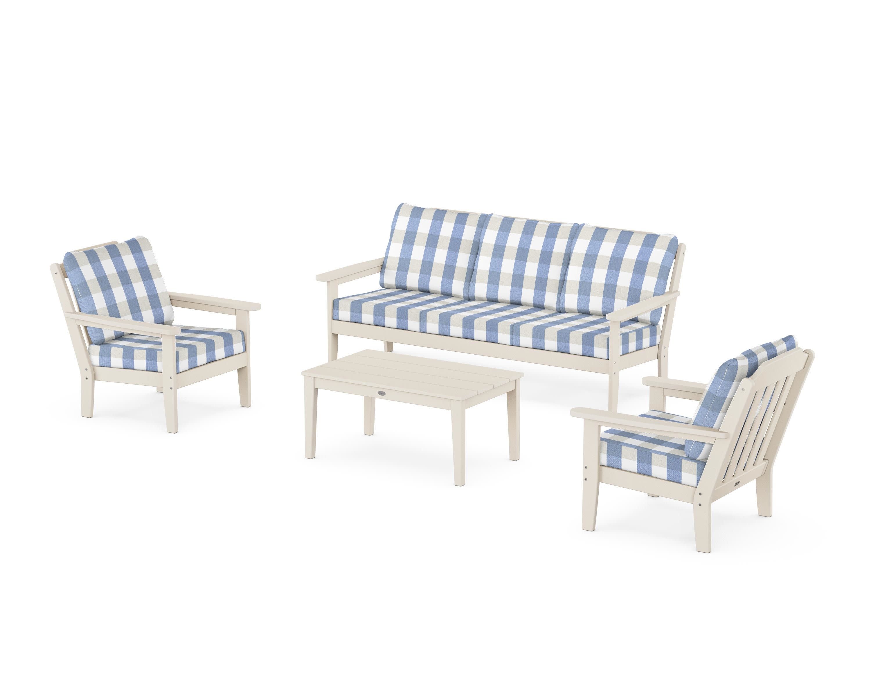 Cottage 4-Piece Deep Seating Set with Sofa in Sand / Buffalo Plaid Sky Blue