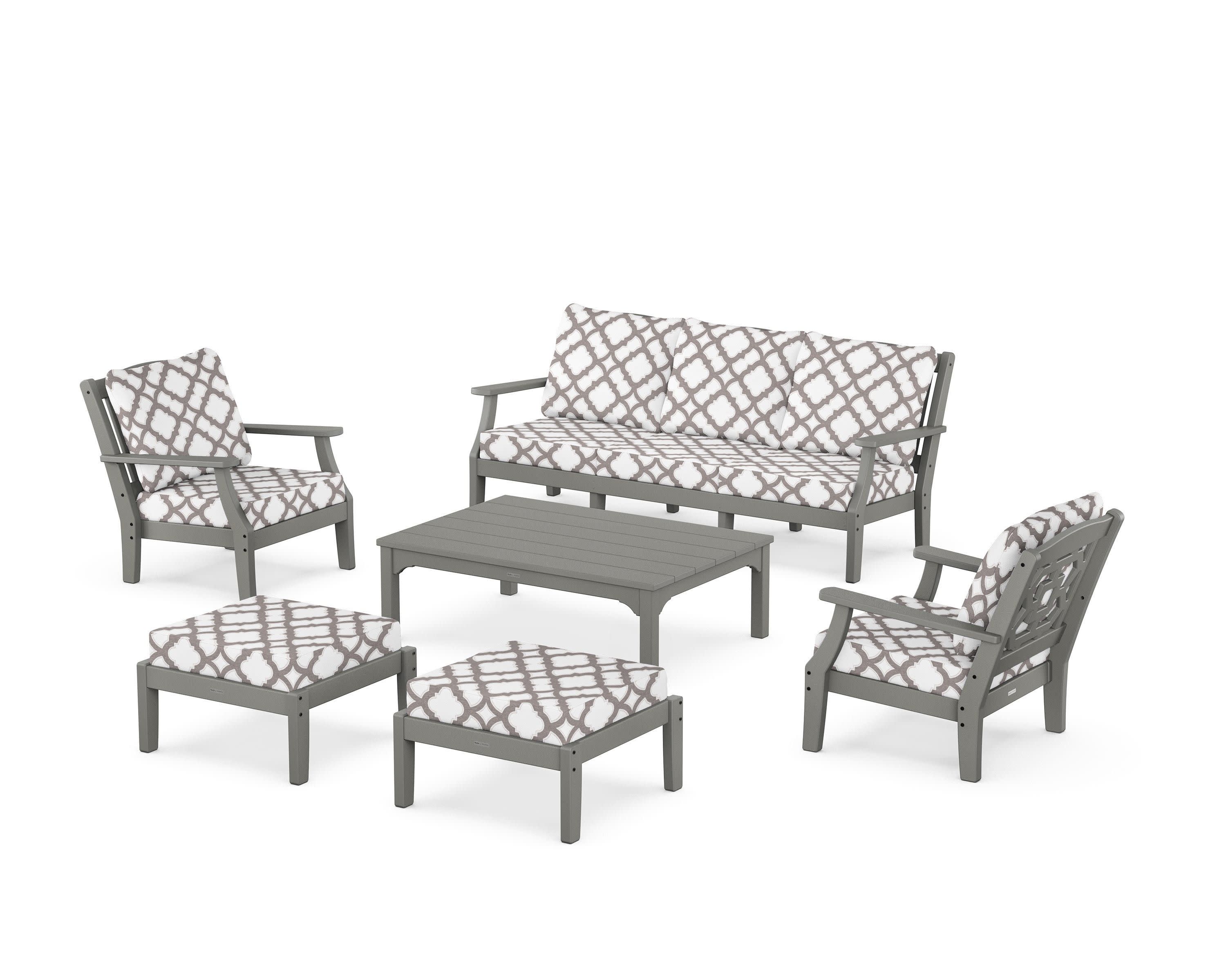 Chinoiserie 6-Piece Lounge Sofa Set in Slate Grey / Trellis Grey Mist