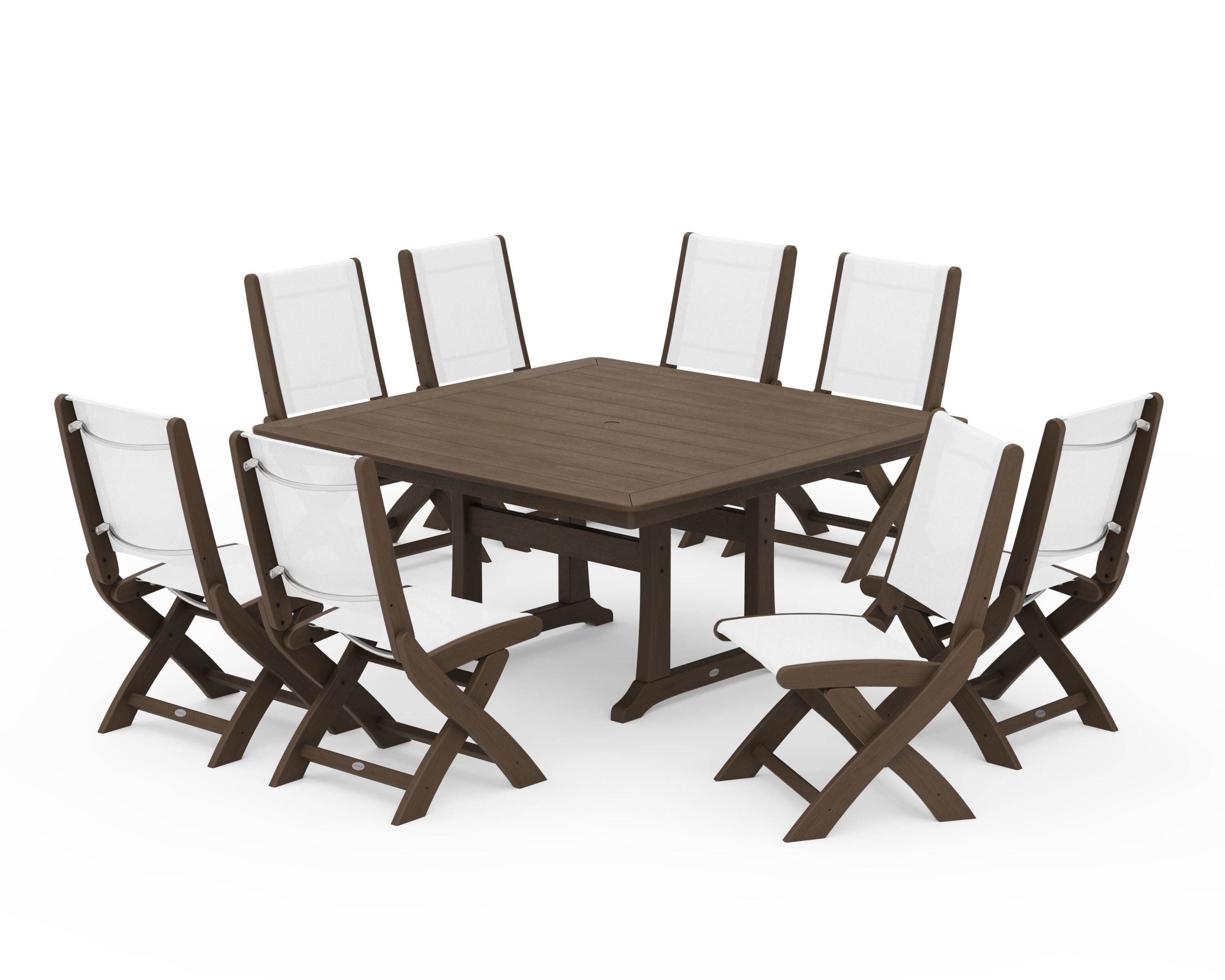Coastal Folding Side Chair 9-Piece Dining Set with Trestle Legs in Kona / White Sling