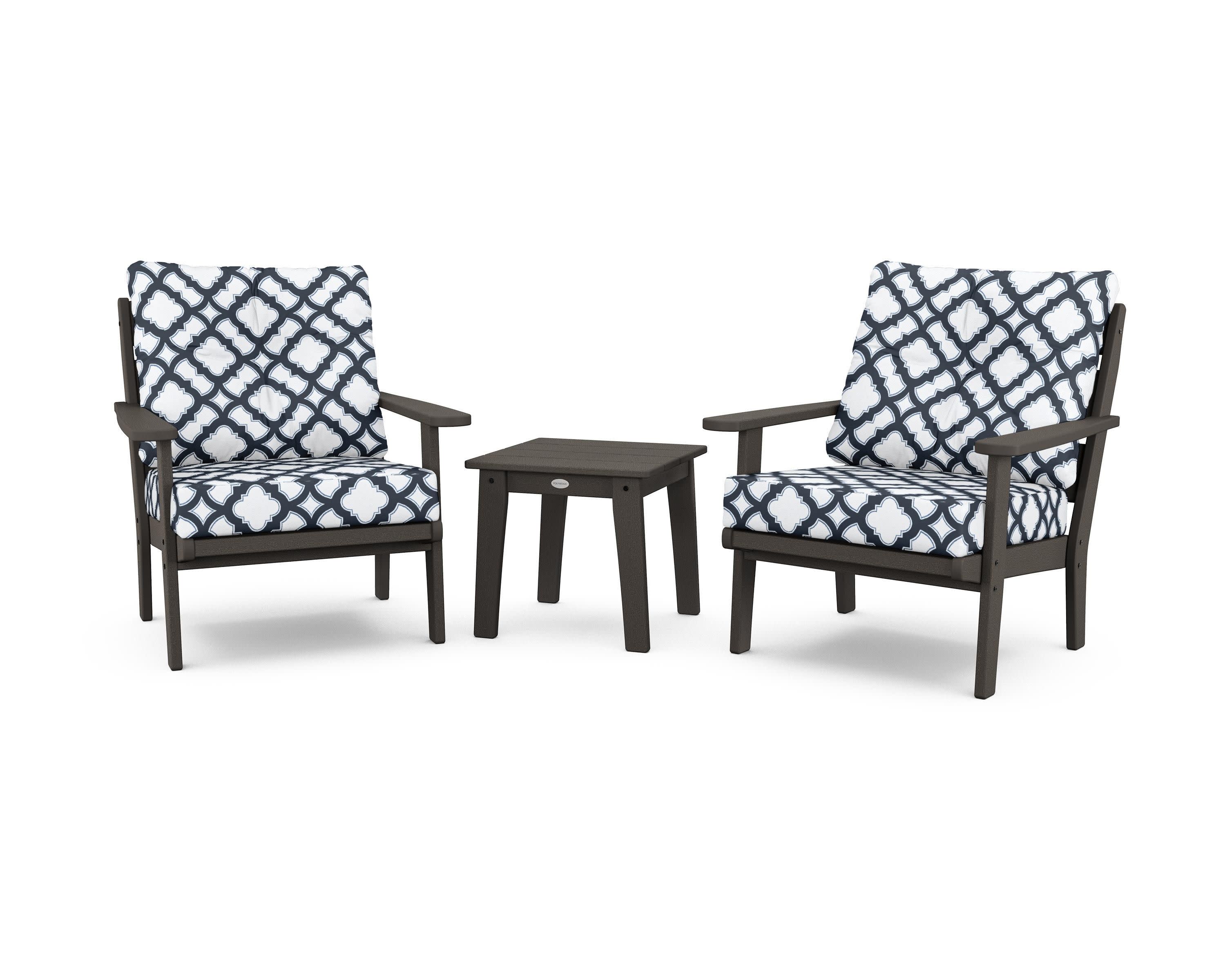 Lakeside 3-Piece Deep Seating Chair Set in Vintage Coffee / Trellis Marine Indigo