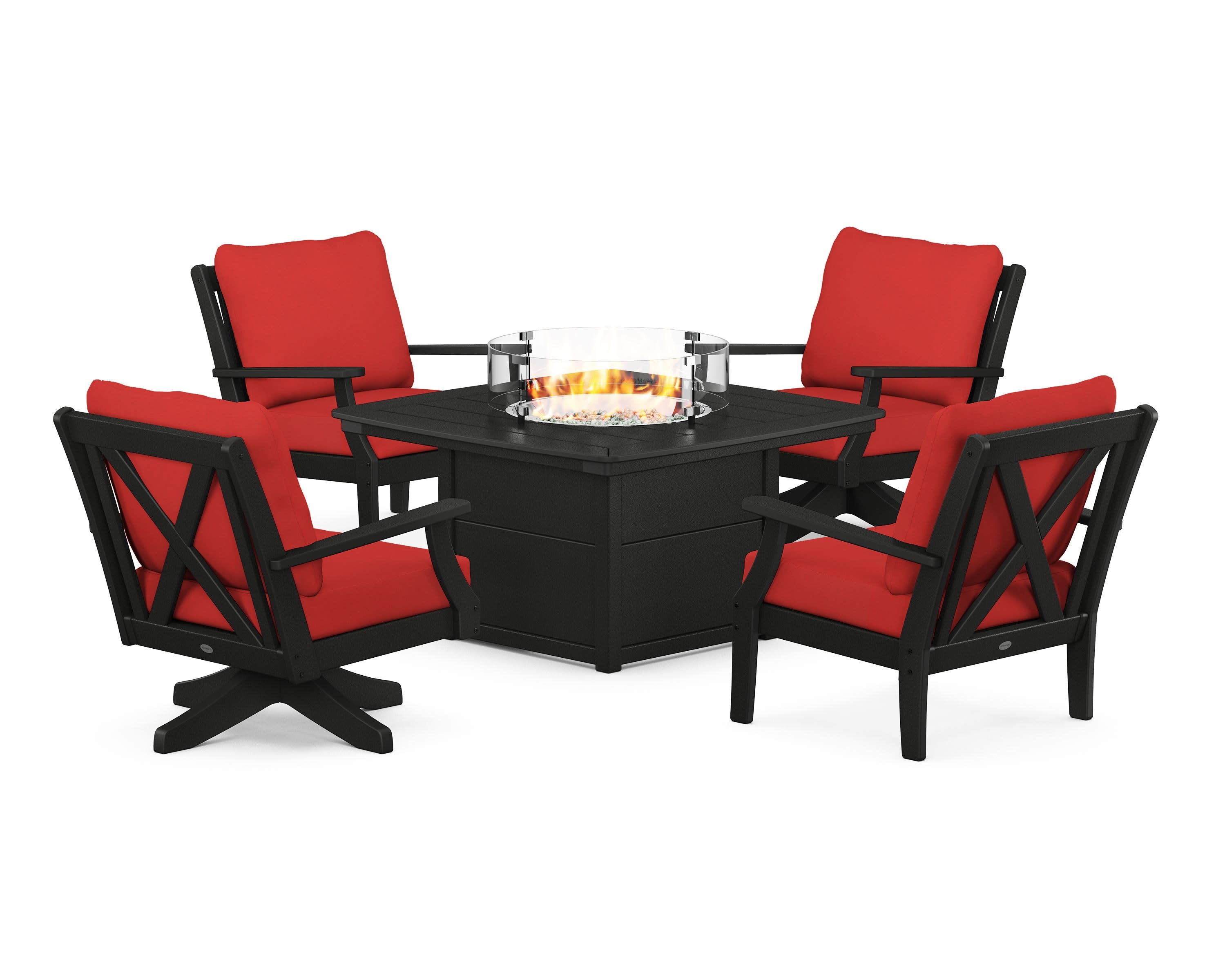 Braxton 5-Piece Deep Seating Set with Fire Table in Black / Crimson Linen