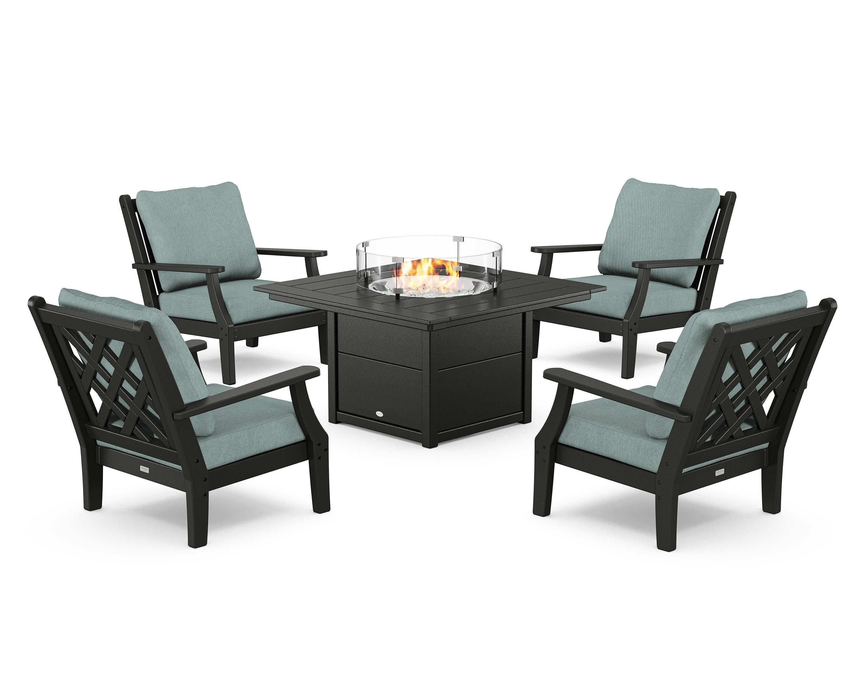 Wovendale 5-Piece Deep Seating Set with Fire Pit Table in Black / Glacier Spa