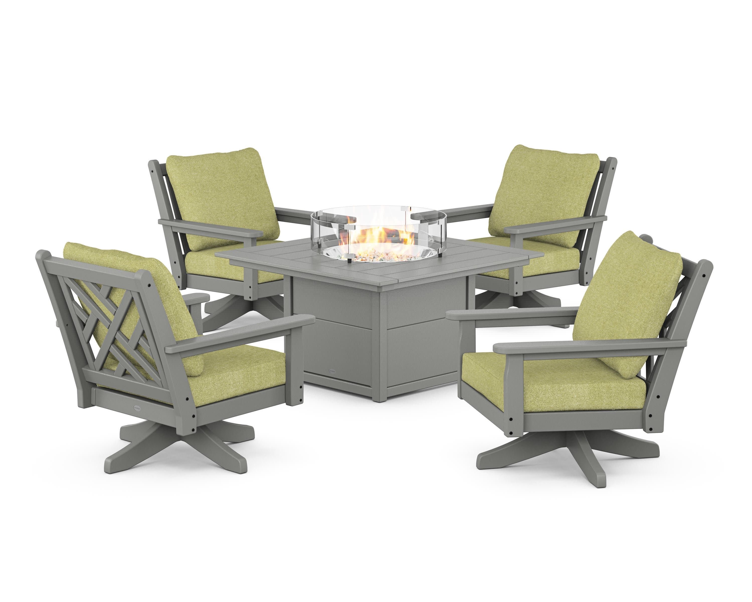 Chippendale 5-Piece Deep Seating Swivel Conversation Set with Fire Pit Table in Slate Grey / Chartreuse Boucle