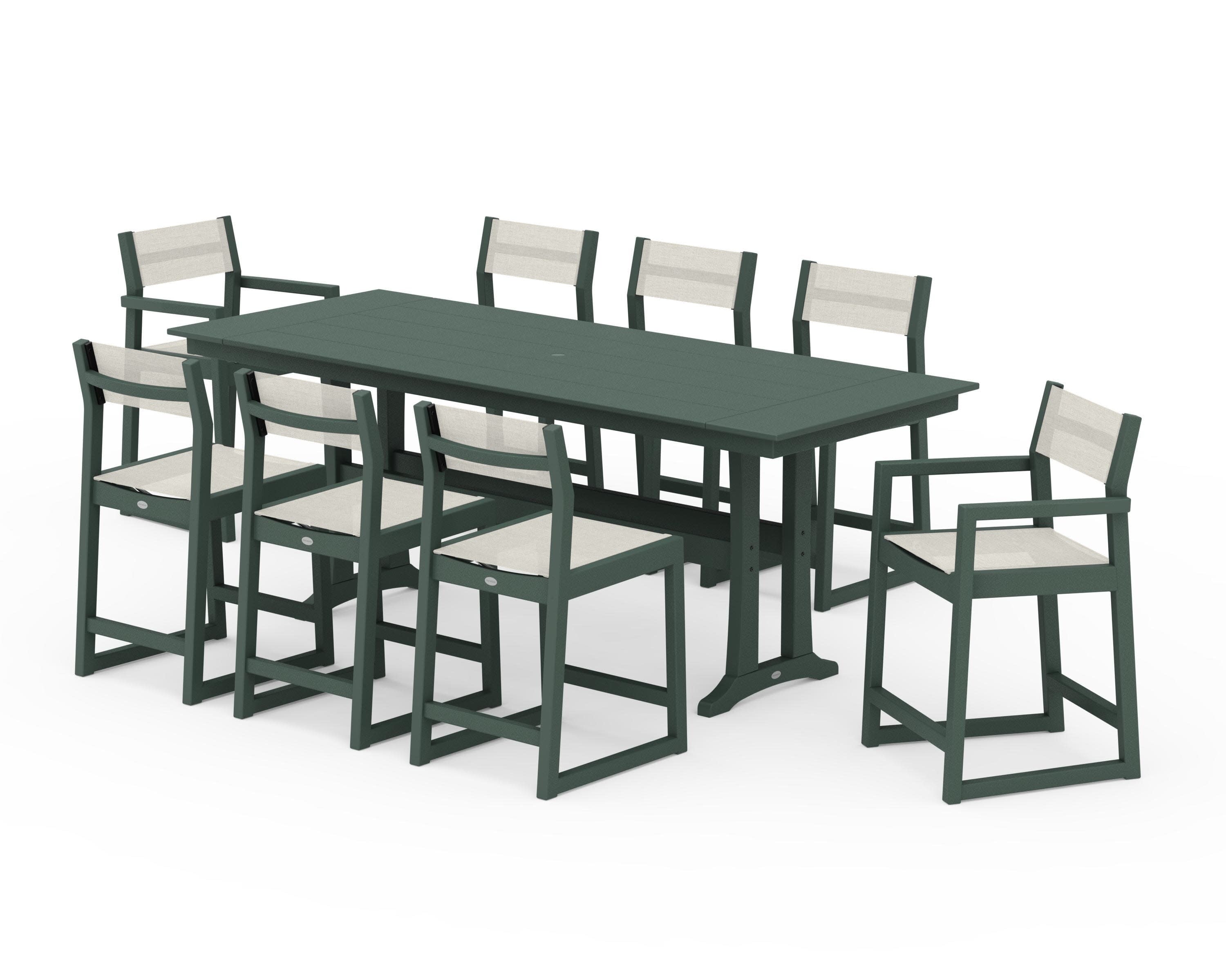 EDGE Sling 9-Piece Farmhouse Counter Set with Trestle Legs in Green / Parchment Sling