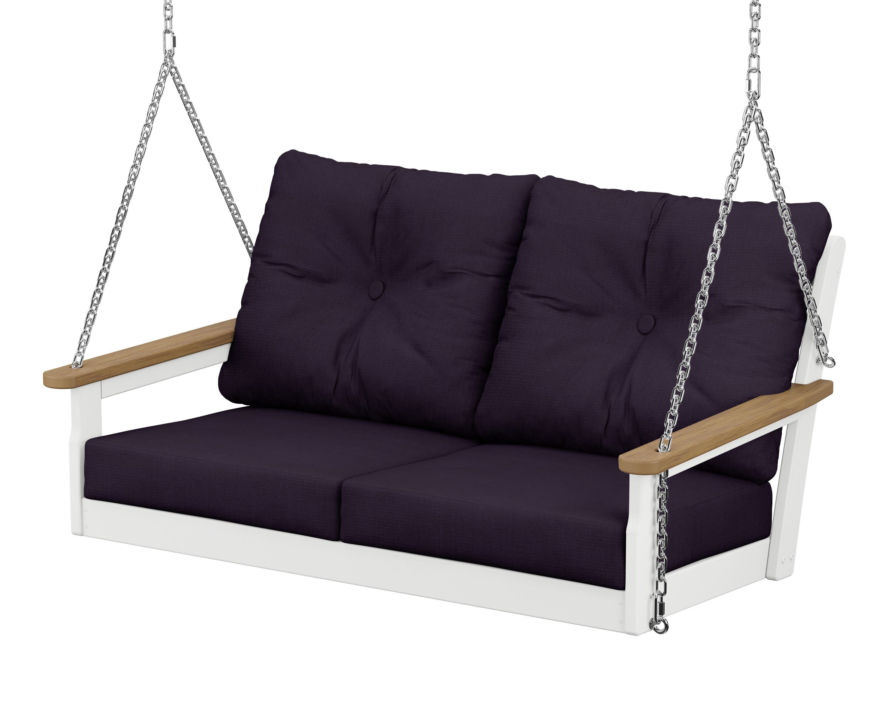 Vineyard Deep Seating Swing in White / Natural / Navy Linen