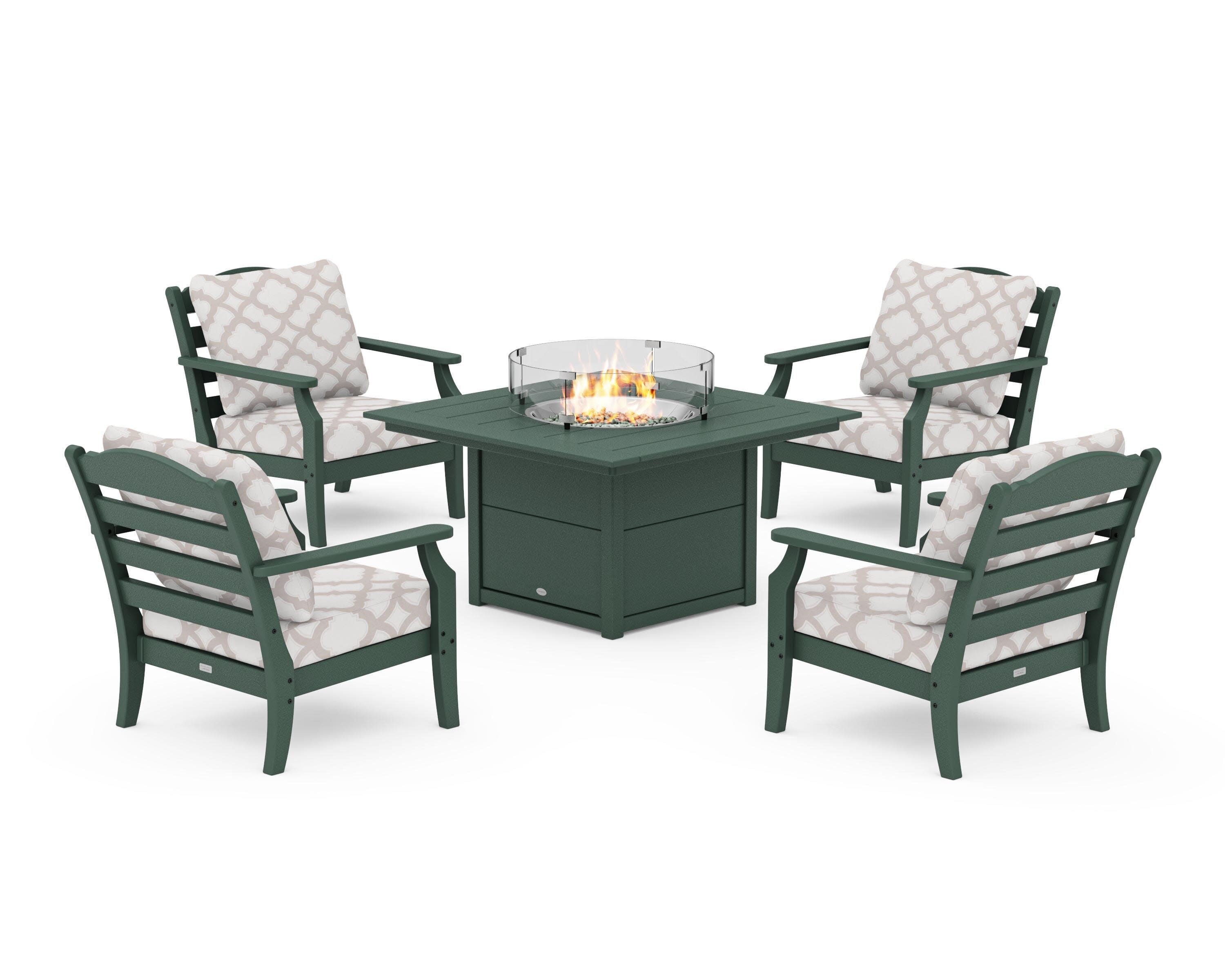 Savannah 5-Piece Deep Seating Set with Fire Pit Table in Green / Trellis Dune Burlap