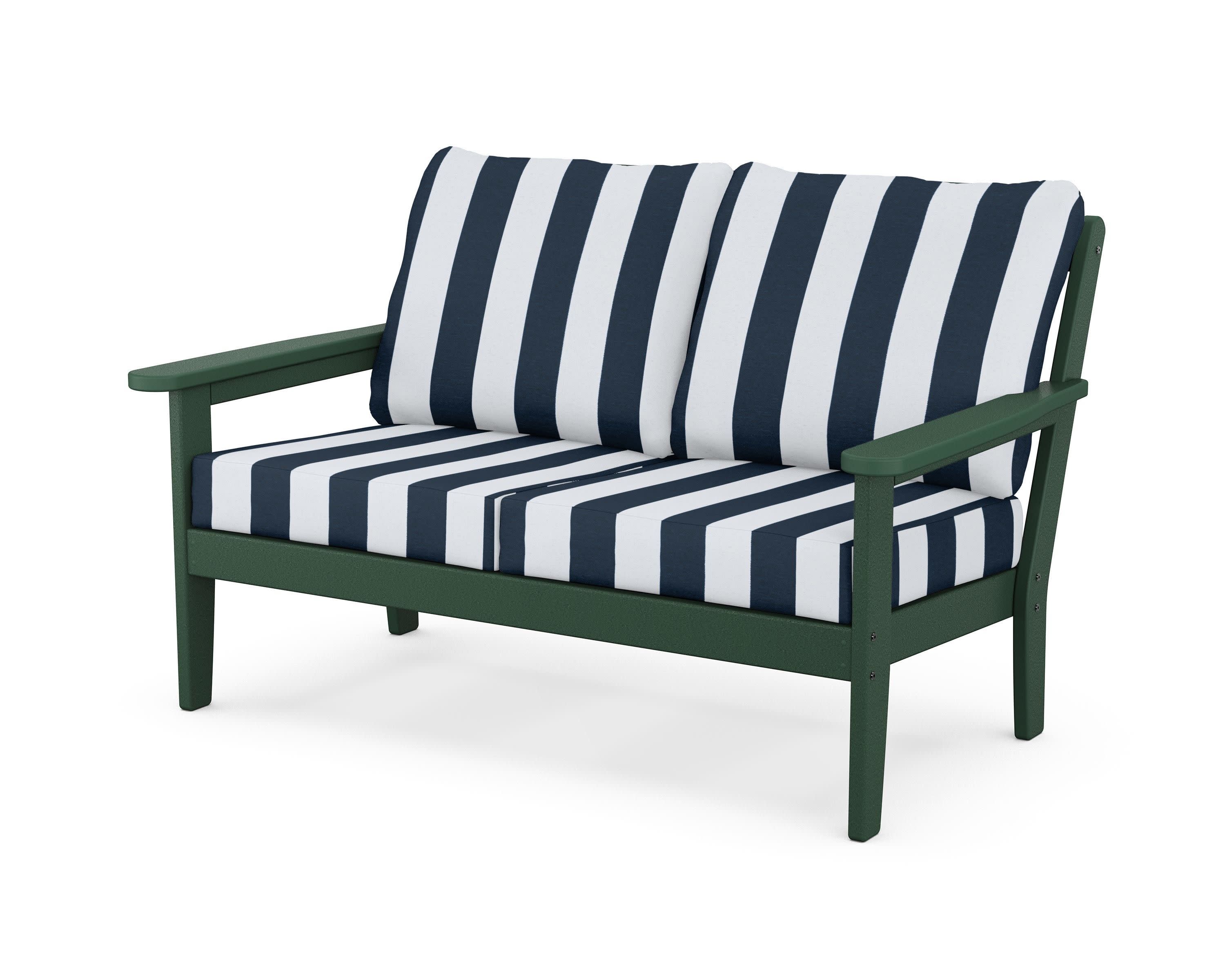 Cottage Deep Seating Loveseat in Green / Cabana Stripe Marine Indigo