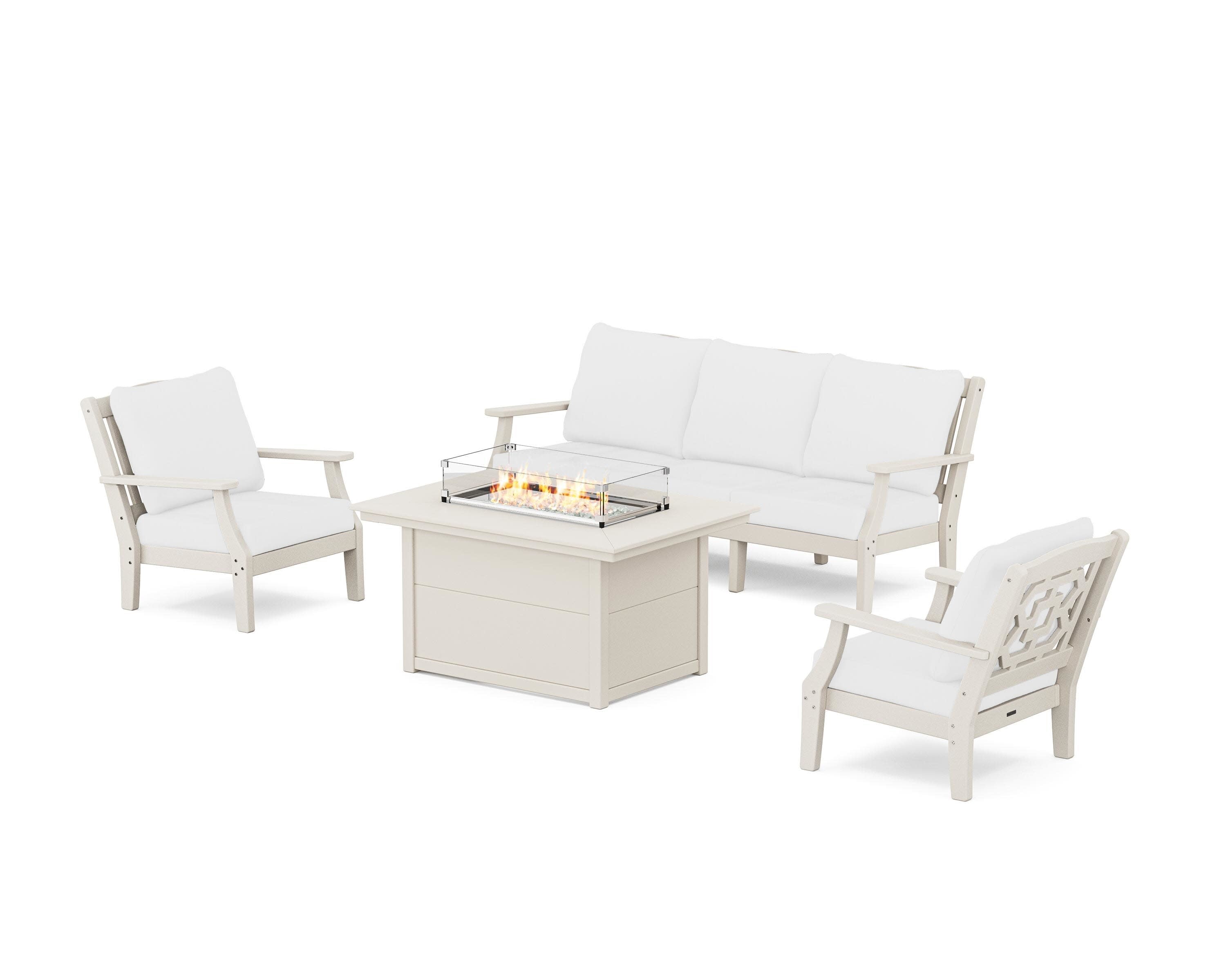 Chinoiserie Deep Seating Fire Pit Table Set in Sand / Natural