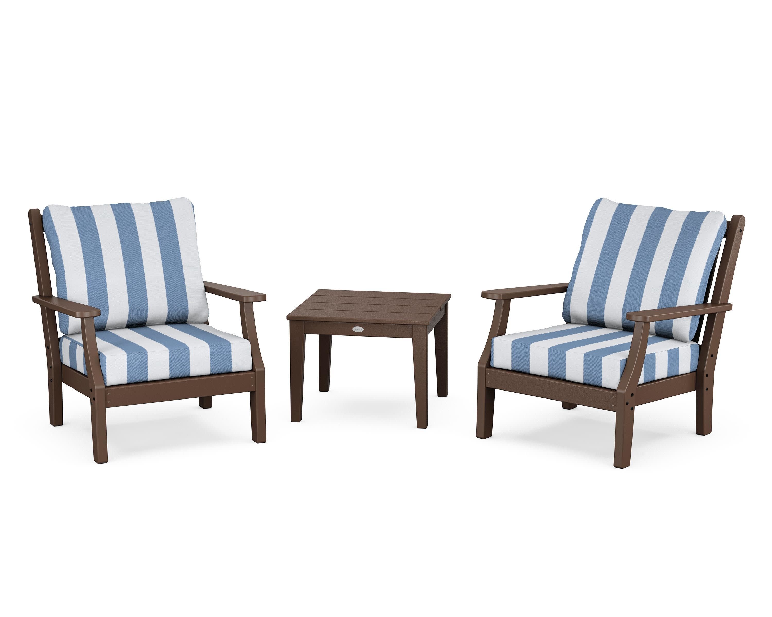 Wovendale 3-Piece Deep Seating Set in Mahogany / Cabana Stripe Sky Blue