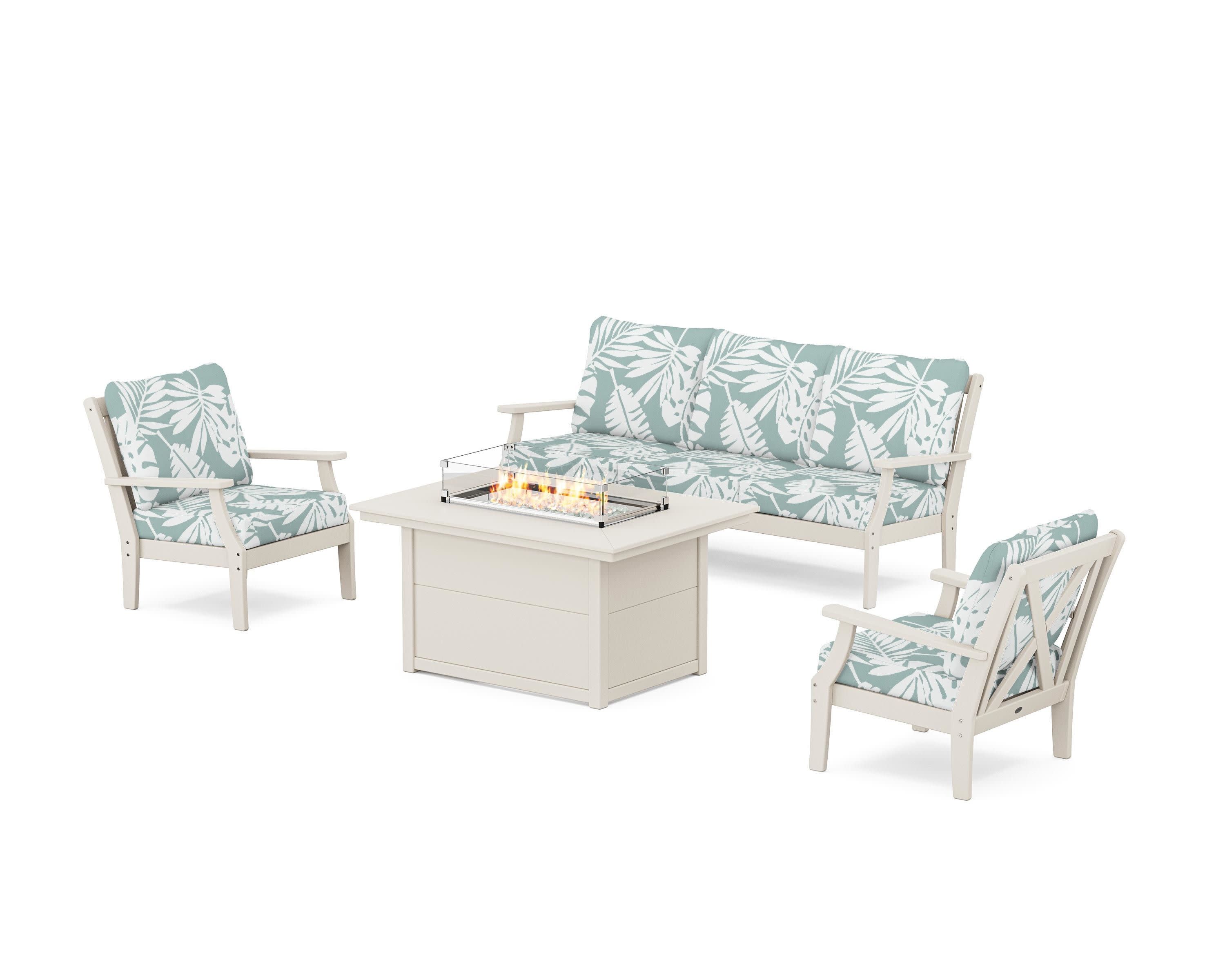 Braxton Deep Seating Fire Pit Table Set in Sand / Leaf Glacier Spa