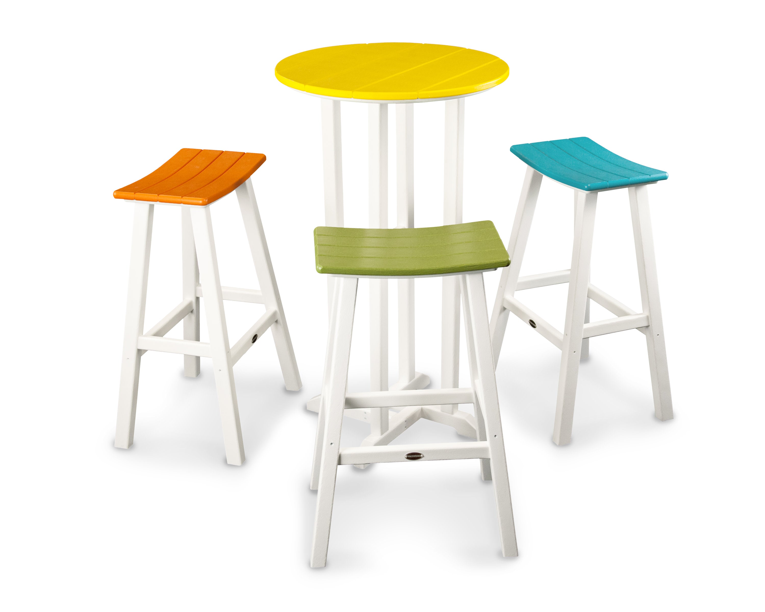 Contempo 4-Piece Round Saddle Bar Stool Set in White / Tangerine / Lime / Aruba / Lemon