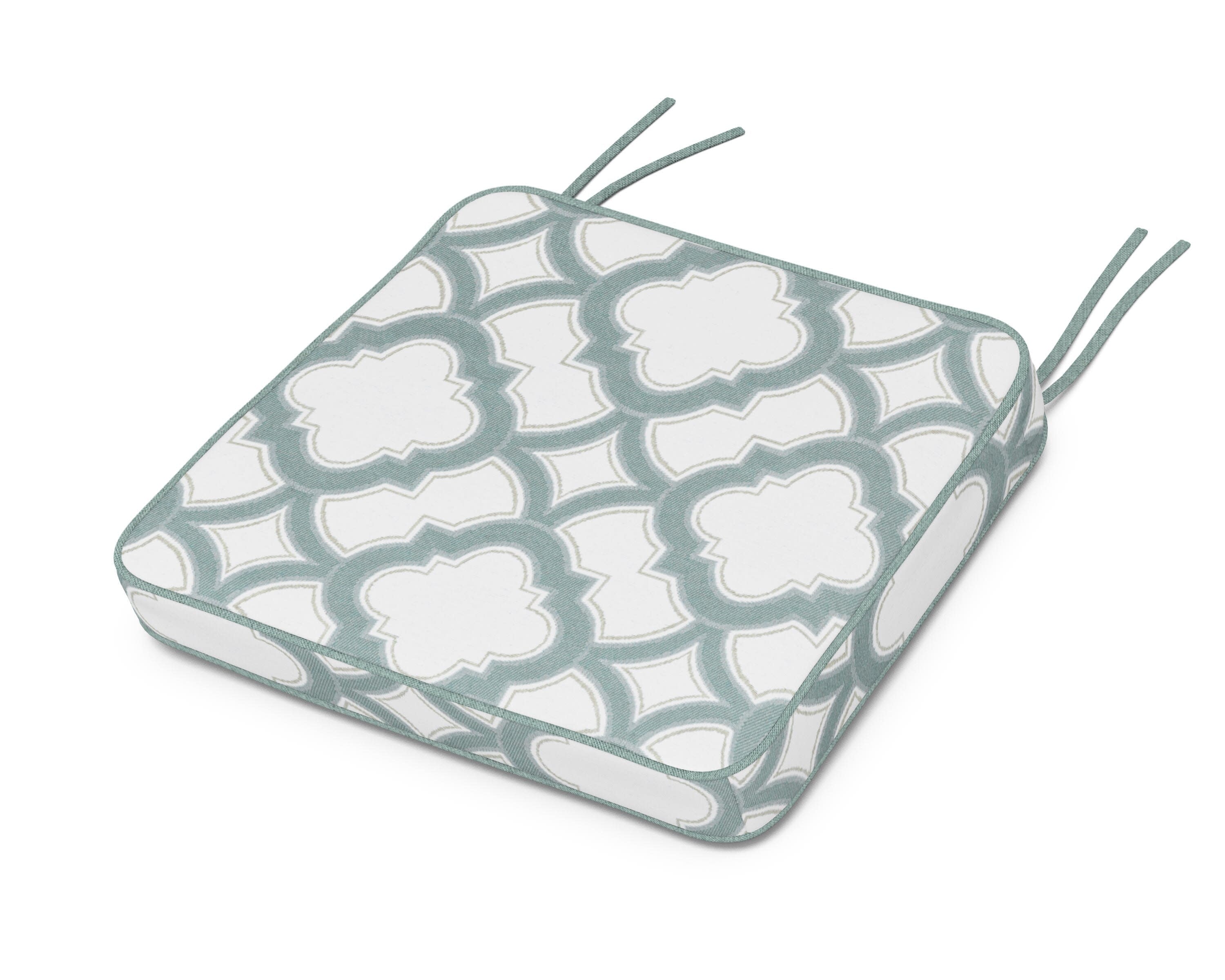 Chinoiserie Arm Chair Seat Cushion in Trellis Glacier Spa