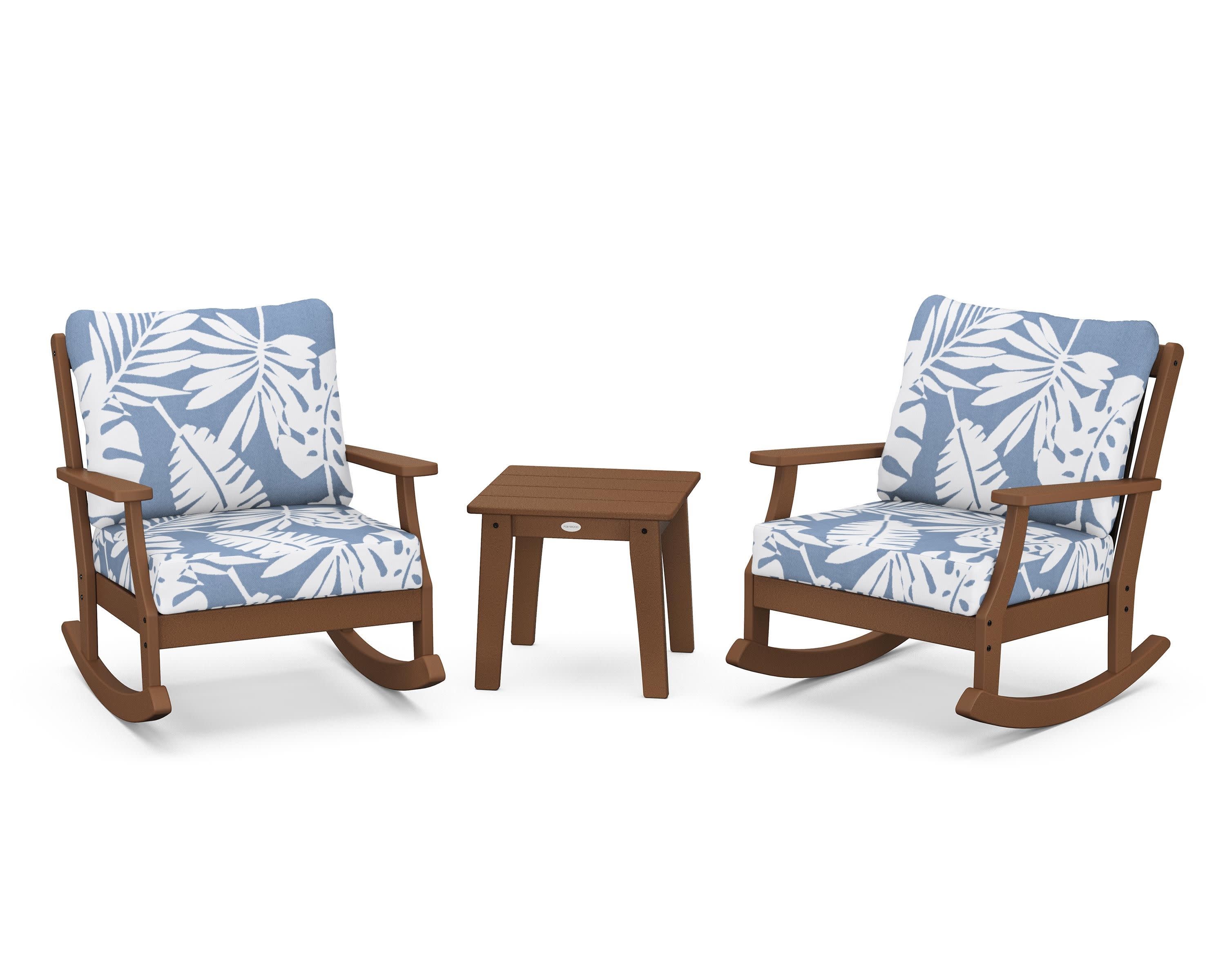 Braxton 3-Piece Deep Seating Rocker Set in Teak / Leaf Sky Blue