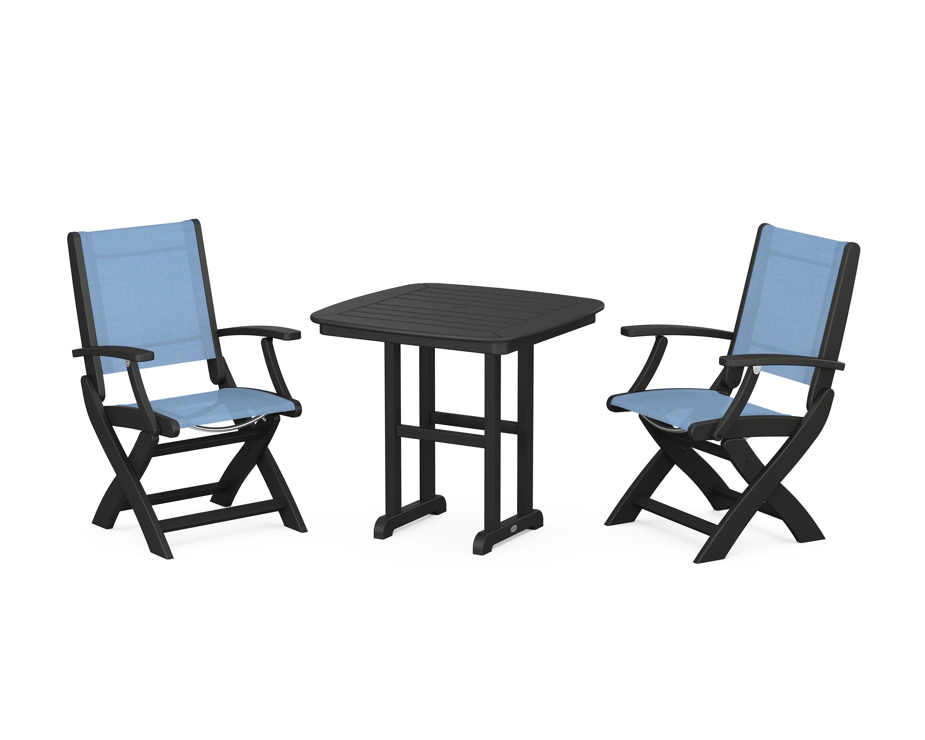 Coastal Folding Chair 3-Piece Dining Set in Black / Poolside Sling