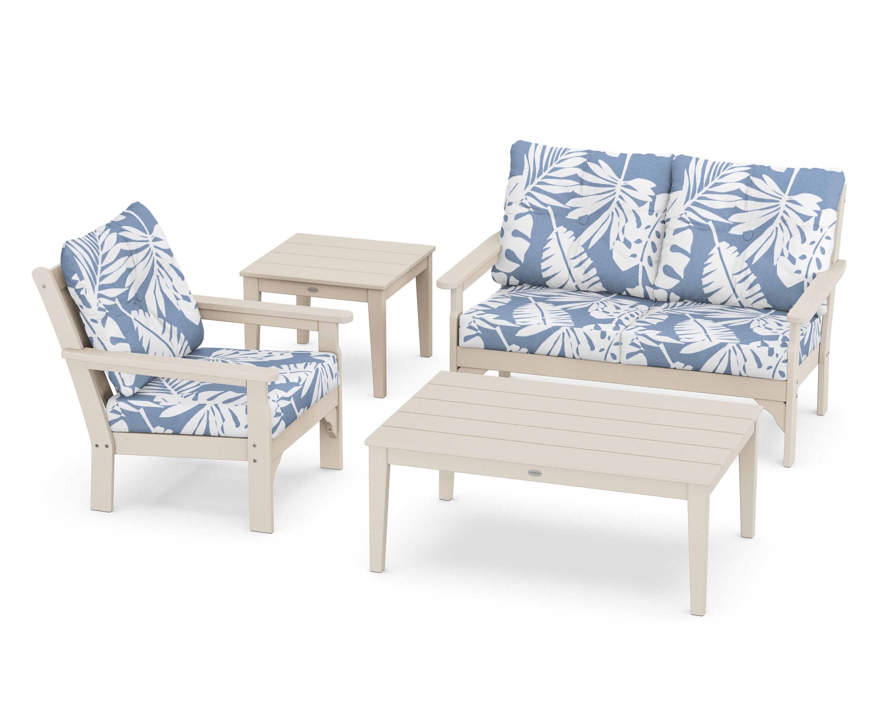 Vineyard 4-Piece Deep Seating Set in Sand / Leaf Sky Blue