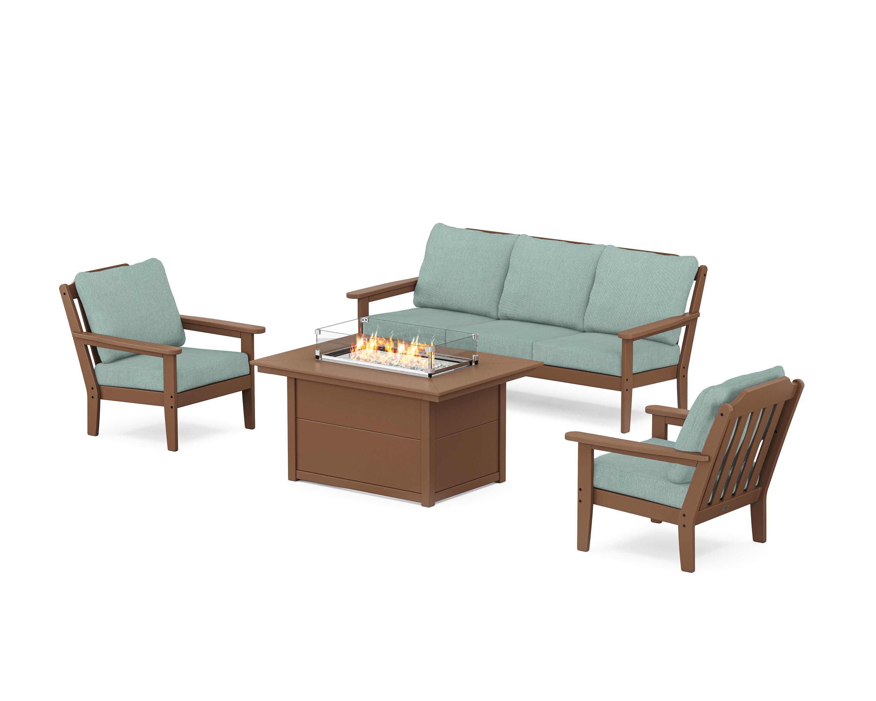 Cottage Deep Seating Fire Pit Table Set in Teak / Glacier Spa