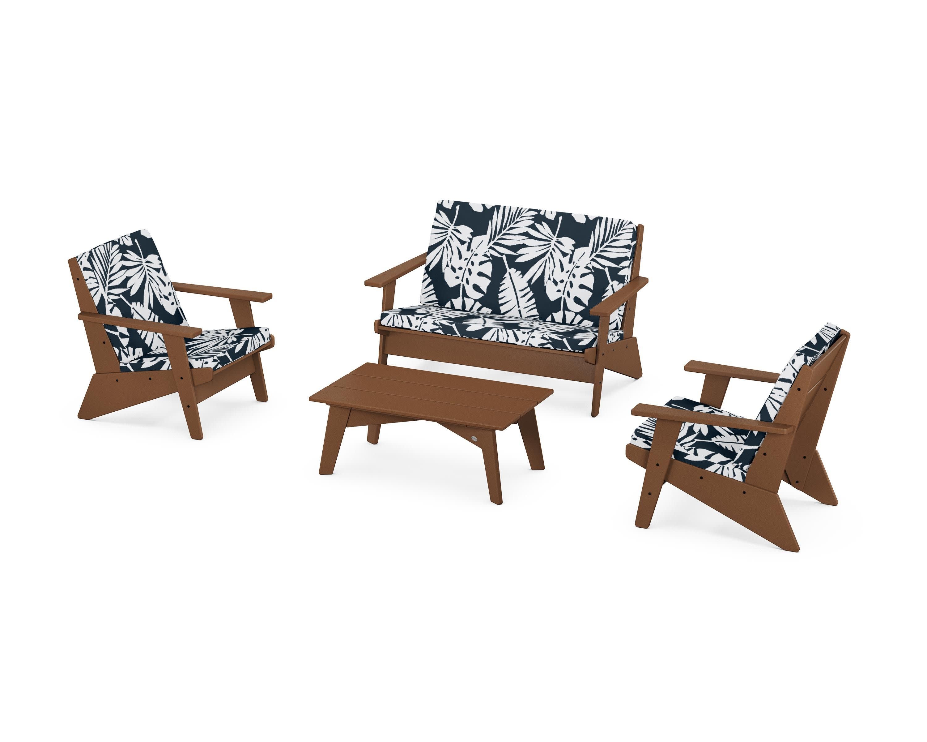 Riviera Modern Lounge 4-Piece Set in Teak / Leaf Marine Indigo