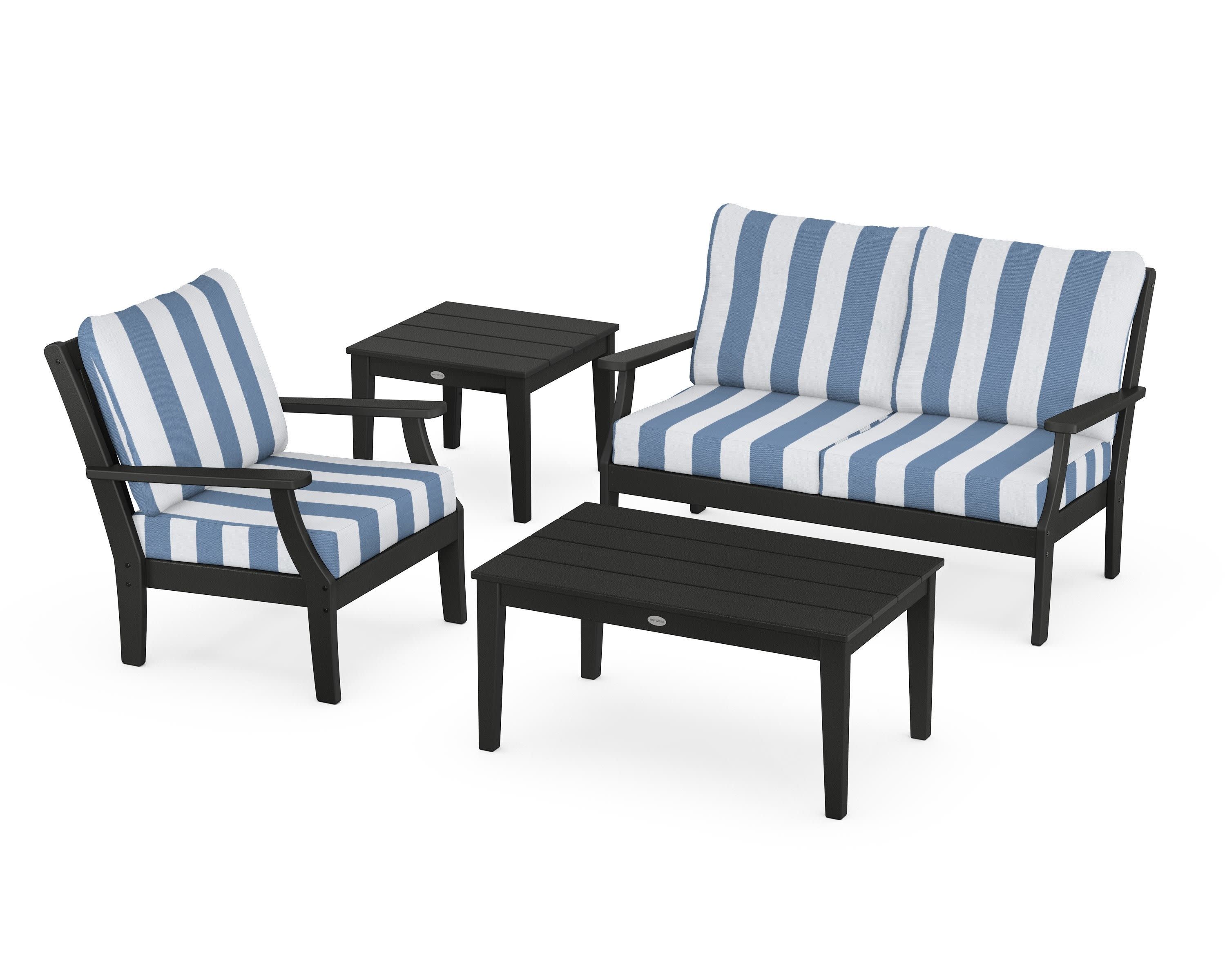 Braxton 4-Piece Deep Seating Set in Black / Cabana Stripe Sky Blue