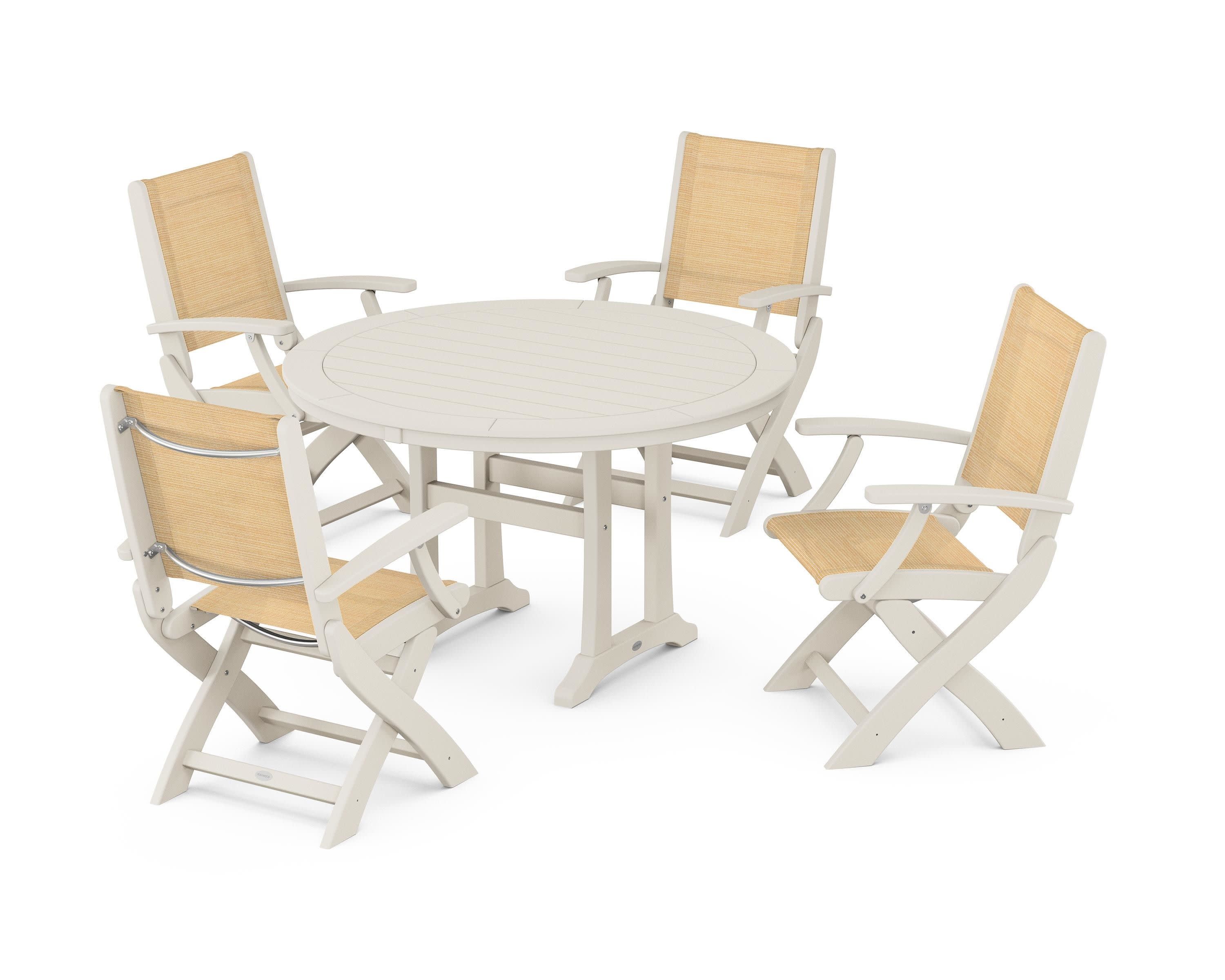 Coastal Folding Chair 5-Piece Round Dining Set with Trestle Legs in Sand / Dupioni Apricot Sling