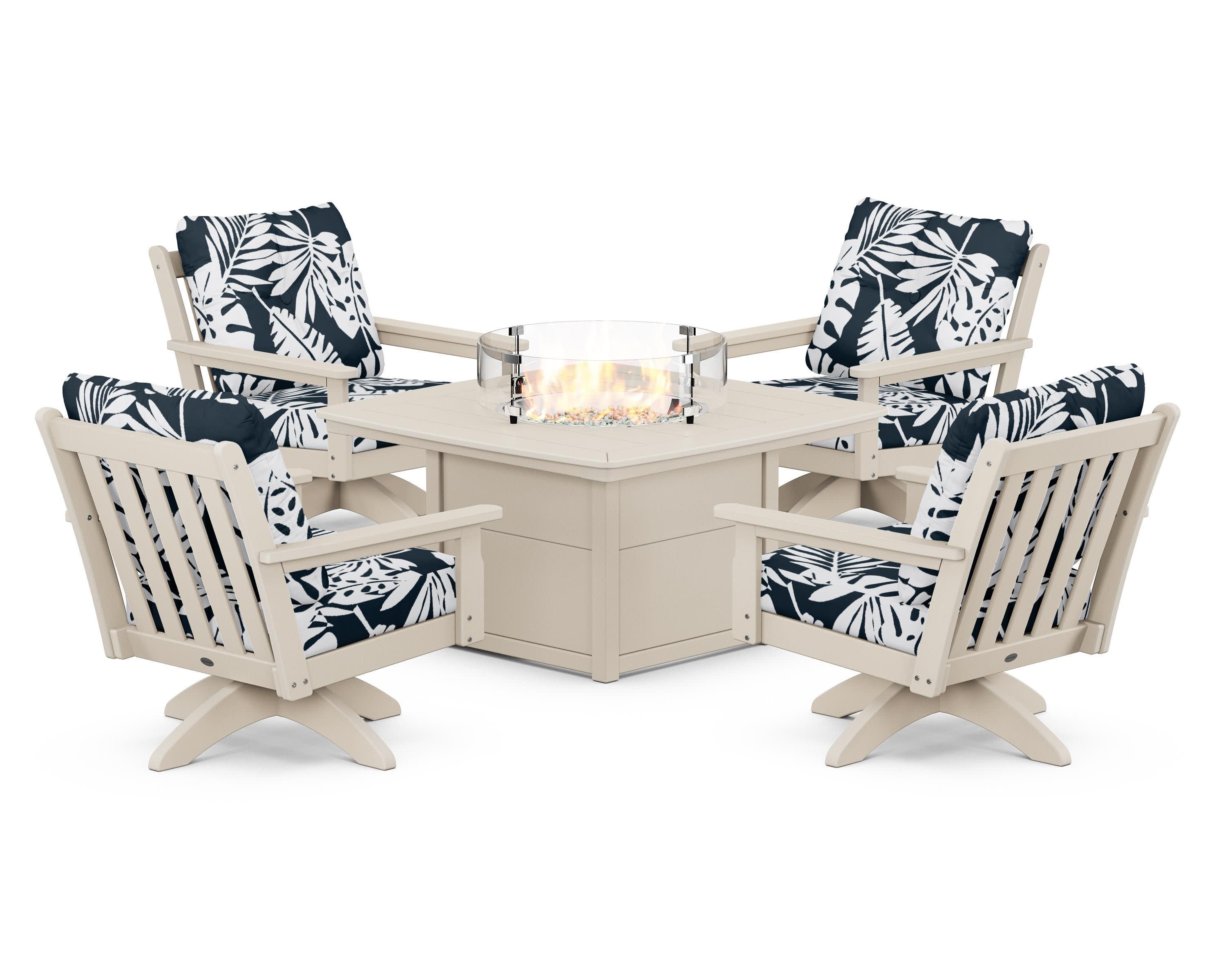 Vineyard 5-Piece Deep Seating Swivel Conversation Set with Fire Pit Table in Sand / Leaf Marine Indigo