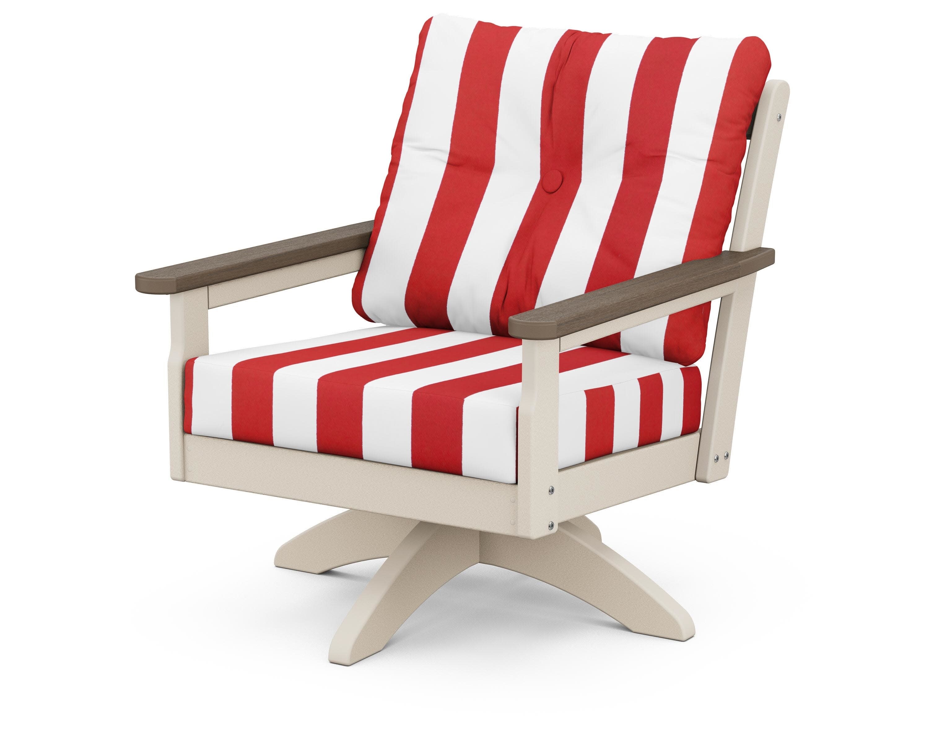 Vineyard Deep Seating Swivel Chair in Sand / Kona / Cabana Stripe Crimson