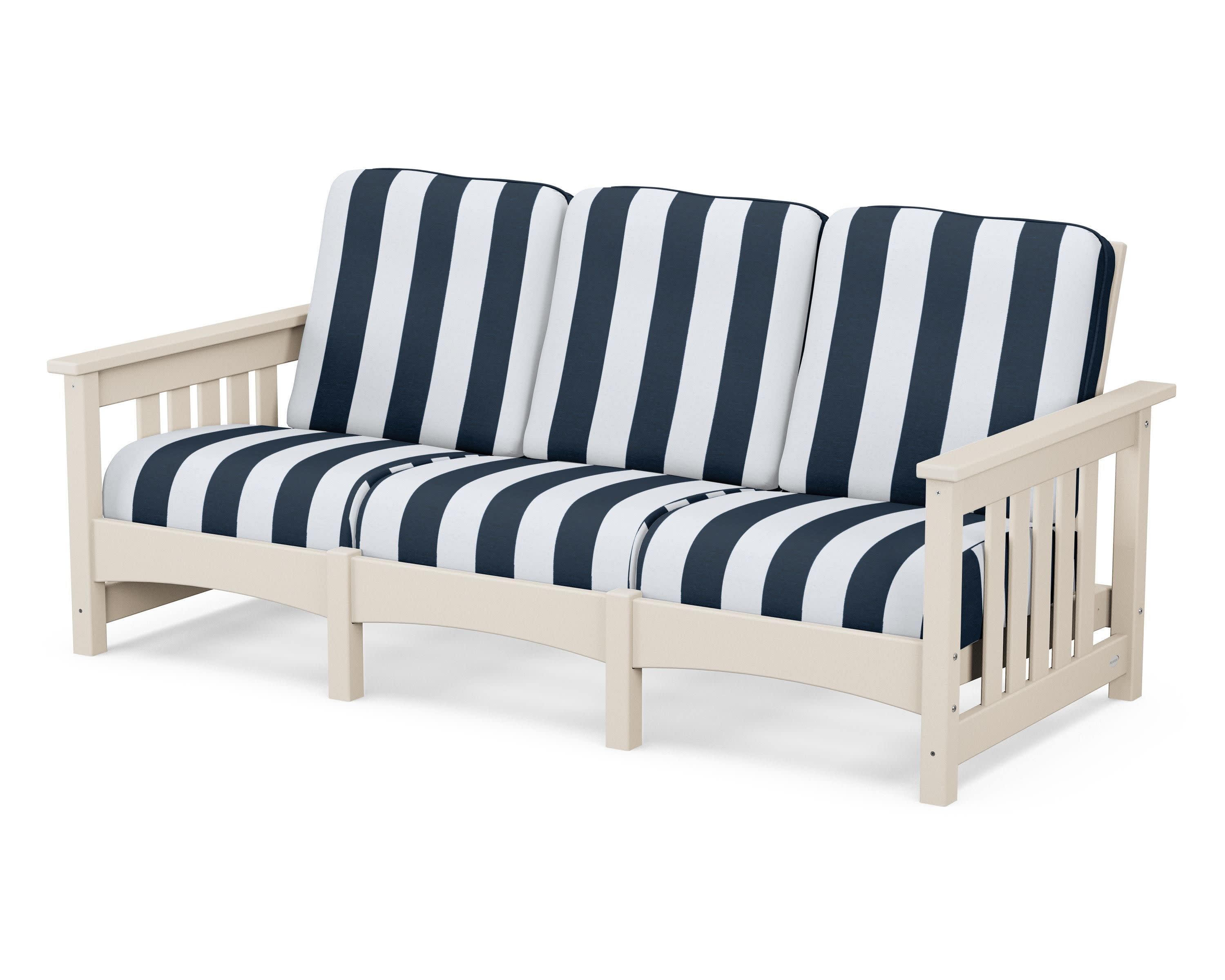 Club Mission Sofa in Sand / Cabana Stripe Marine Indigo
