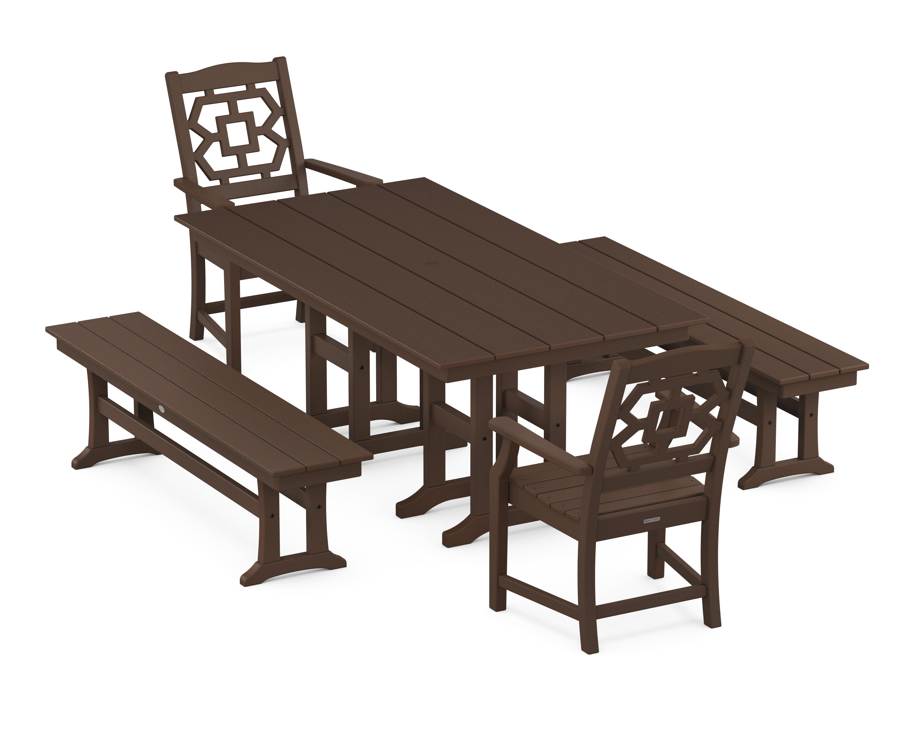 Chinoiserie 5-Piece Farmhouse Dining Set with Benches in Mahogany