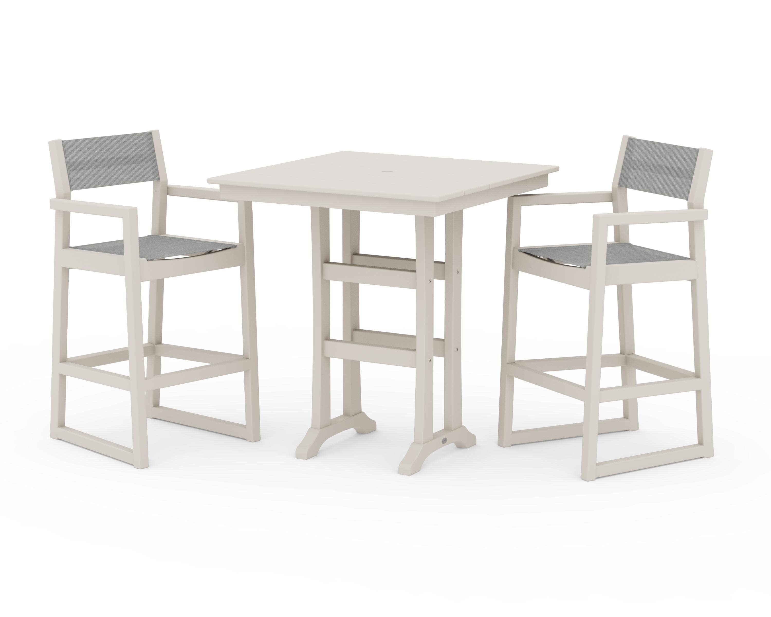 EDGE Sling Arm Chair 3-Piece Farmhouse Bar Set with Trestle Legs in Sand / Metallic Sling