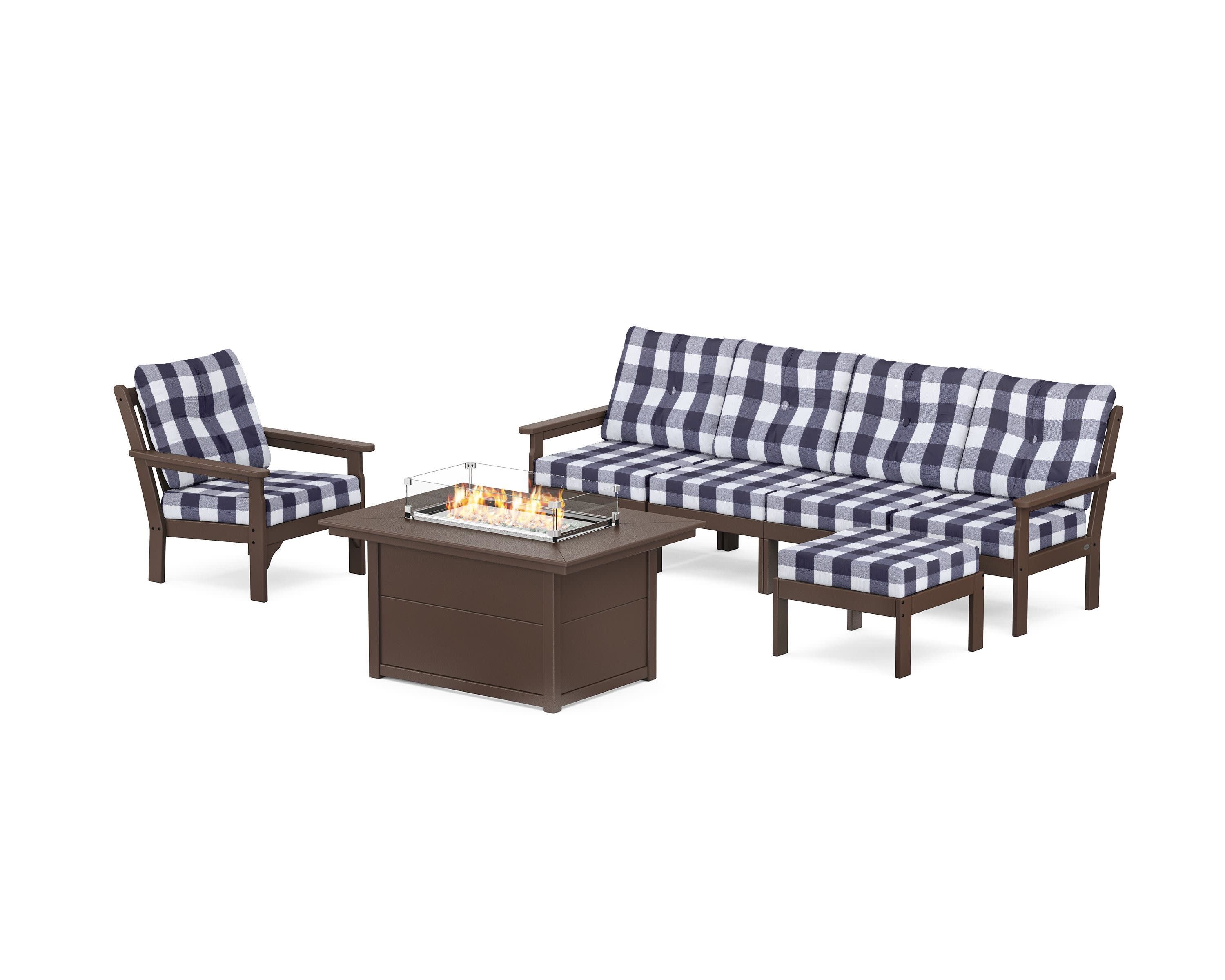 Vineyard Sectional Lounge and Fire Pit Set in Mahogany / Buffalo Plaid Navy