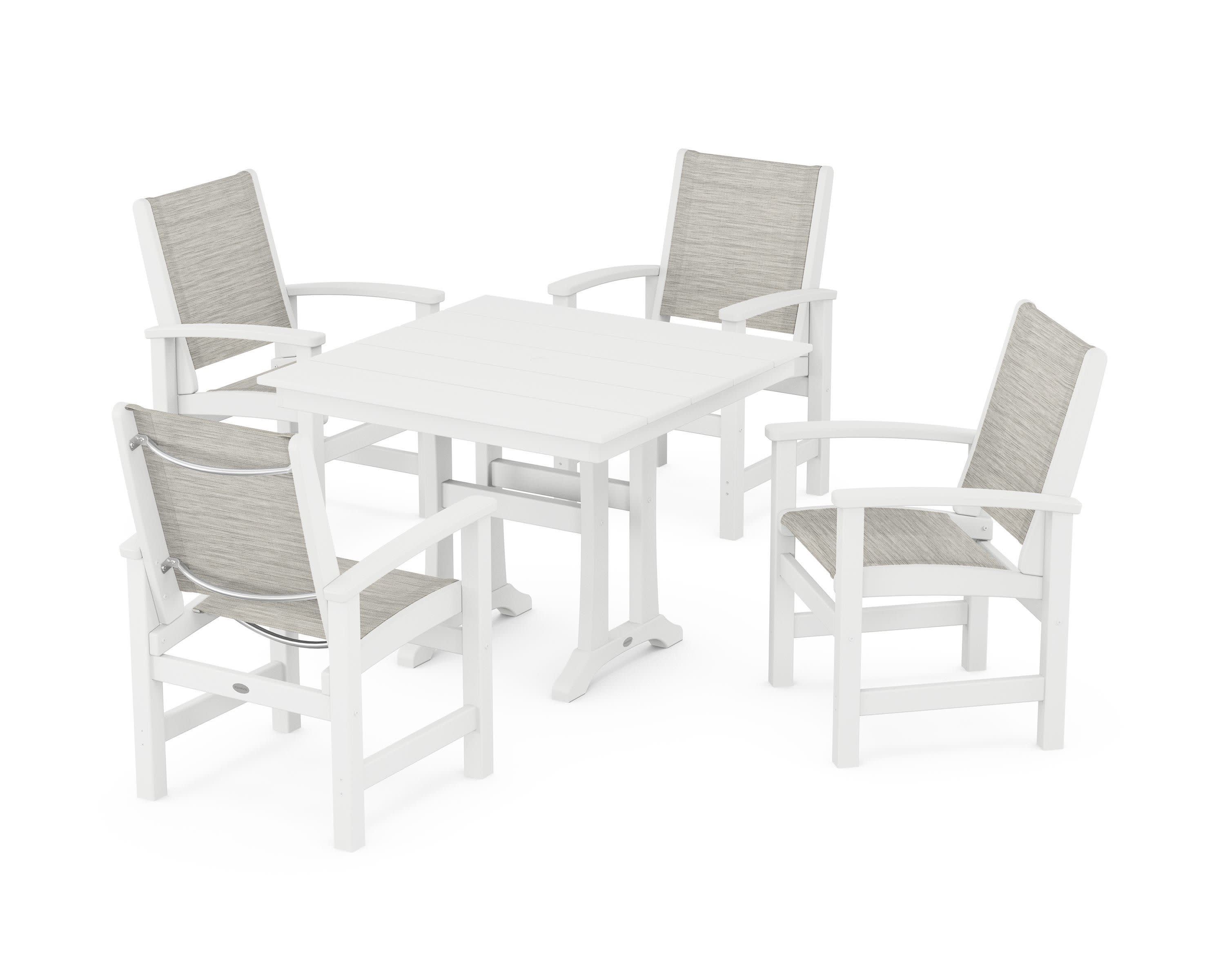 Coastal 5-Piece Farmhouse Dining Set With Trestle Legs in White / Birch Sling