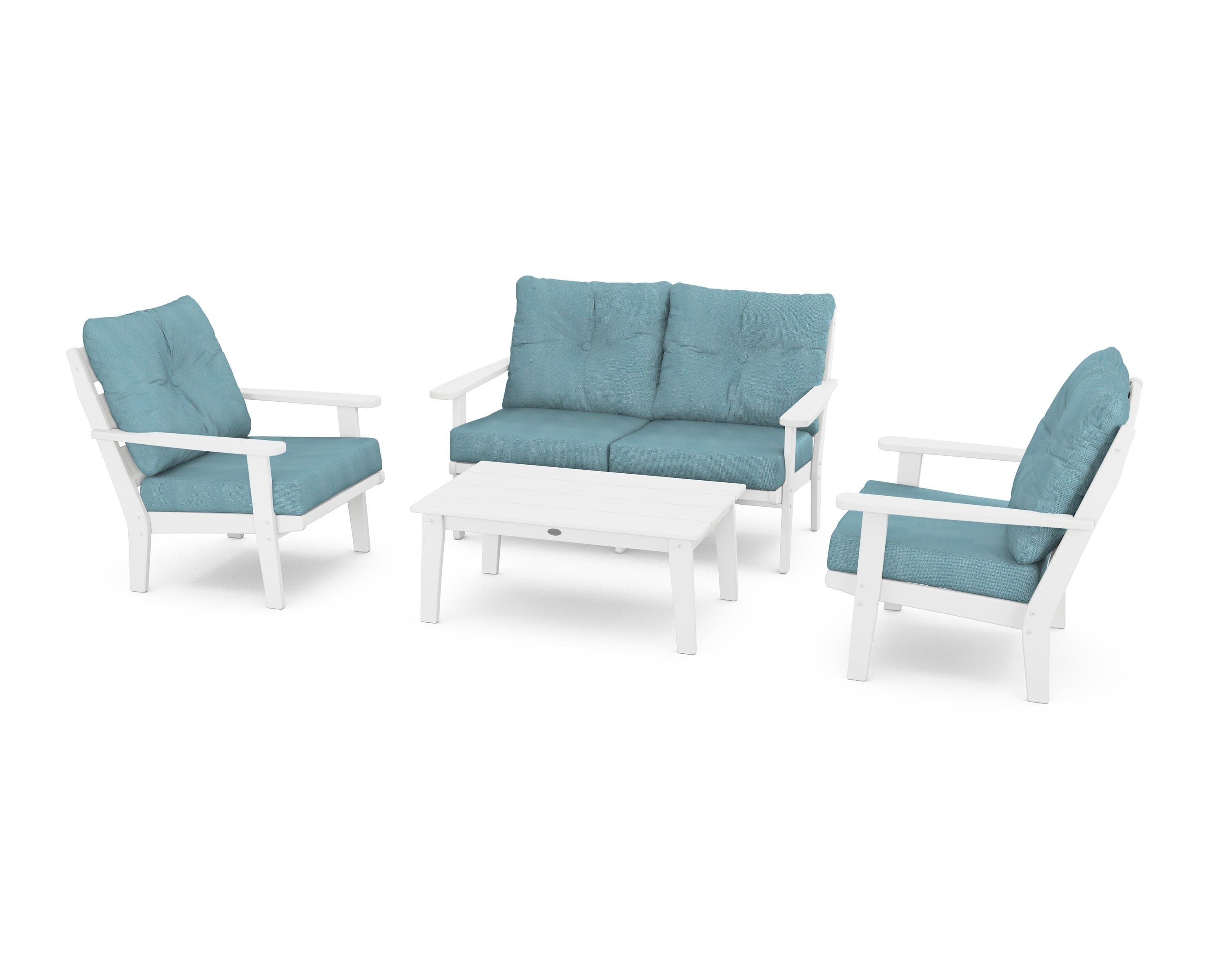 Lakeside 4-Piece Deep Seating Set in White / Lattice Sky Blue