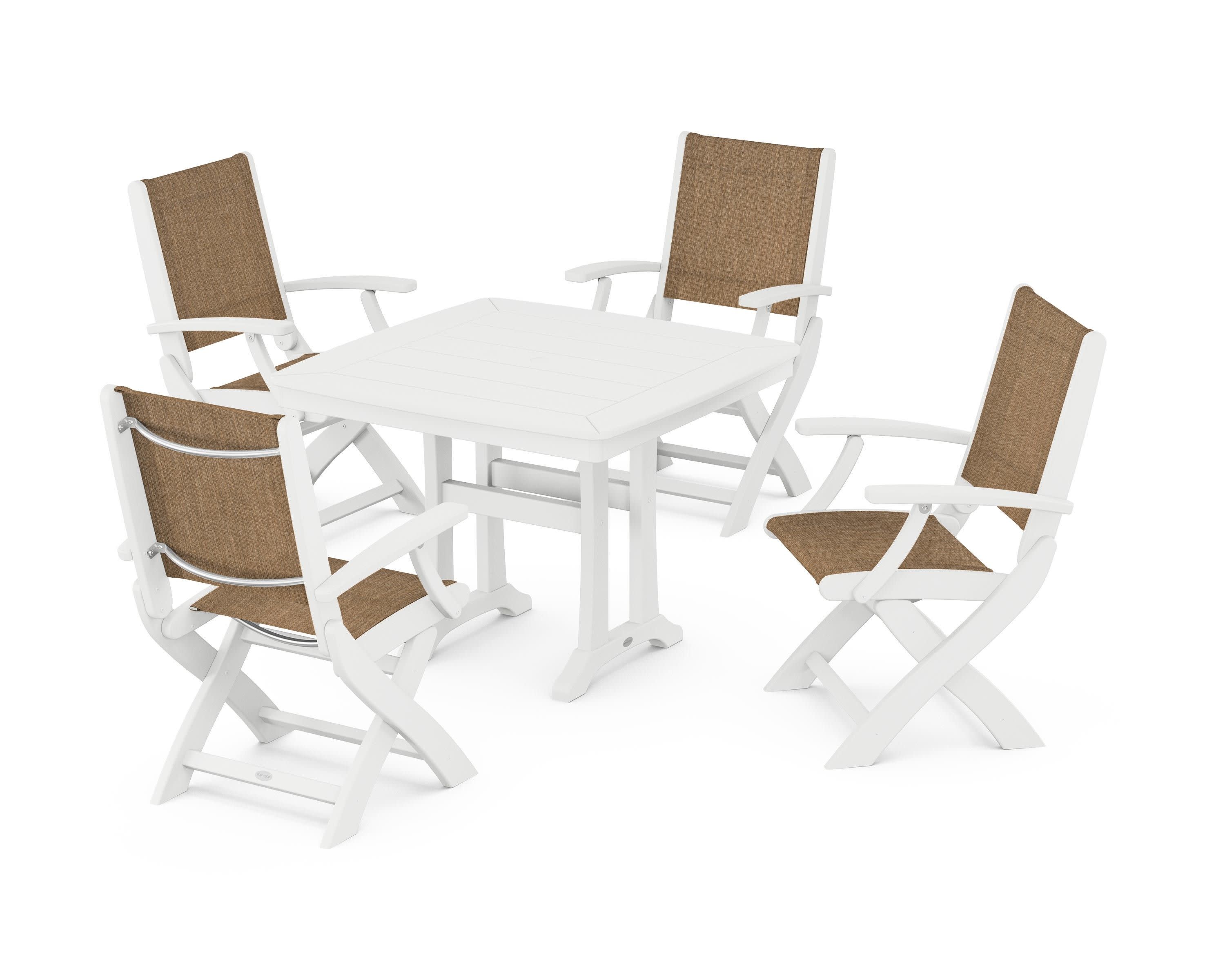 Coastal Folding Chair 5-Piece Dining Set with Trestle Legs in White / Burlap Sling