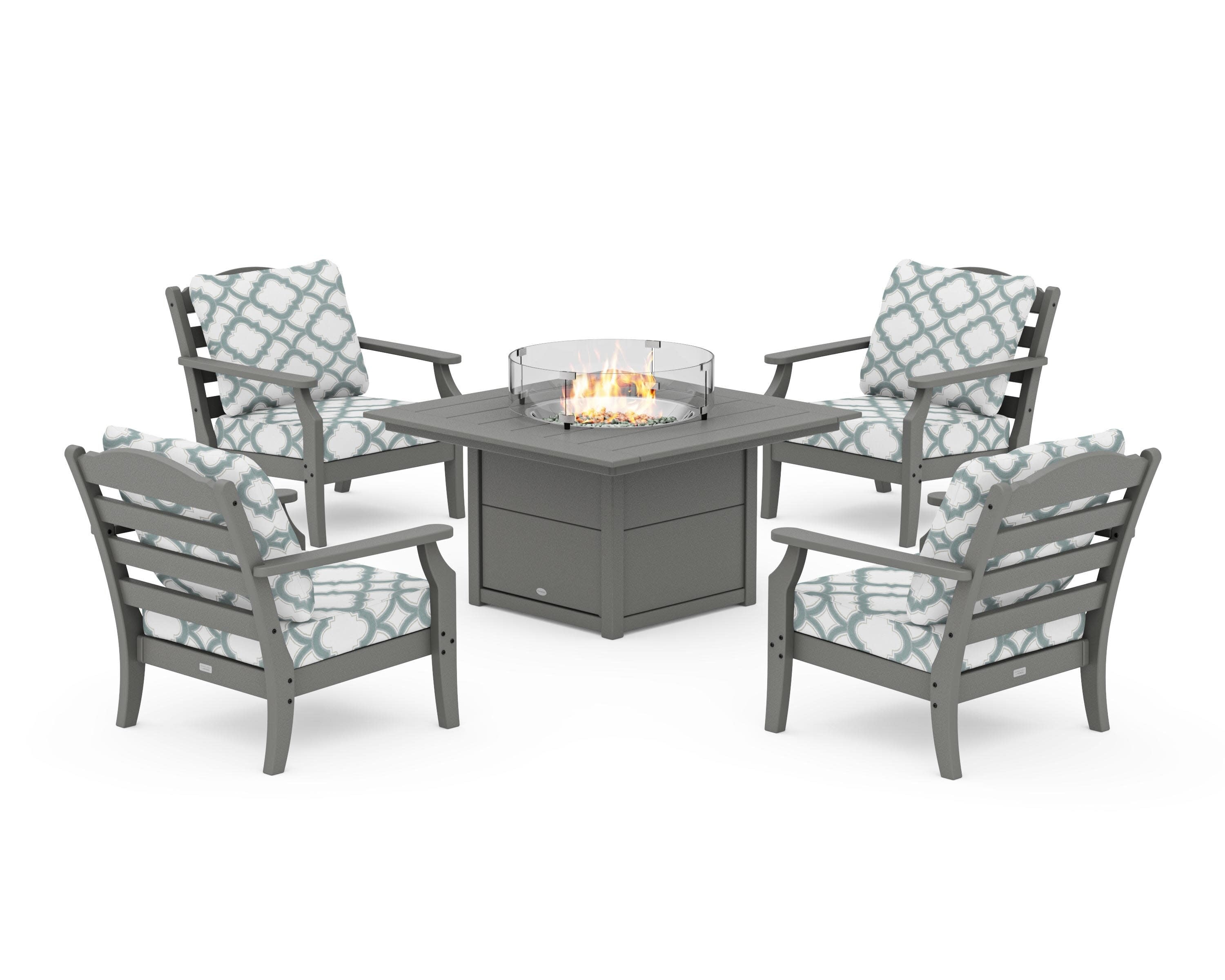 Savannah 5-Piece Deep Seating Set with Fire Pit Table in Slate Grey / Trellis Glacier Spa