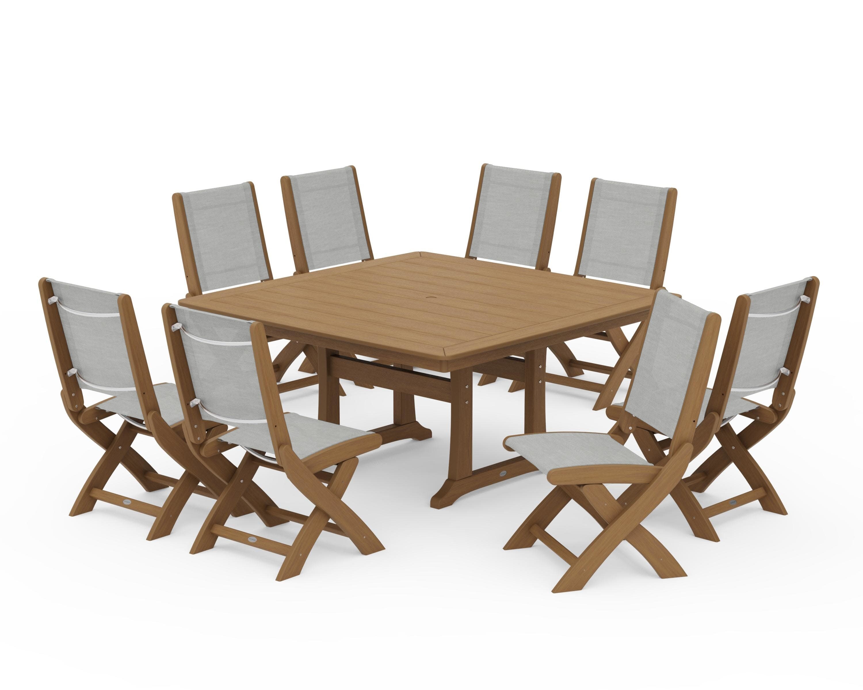 Coastal Folding Side Chair 9-Piece Dining Set with Trestle Legs in Natural / Metallic Sling