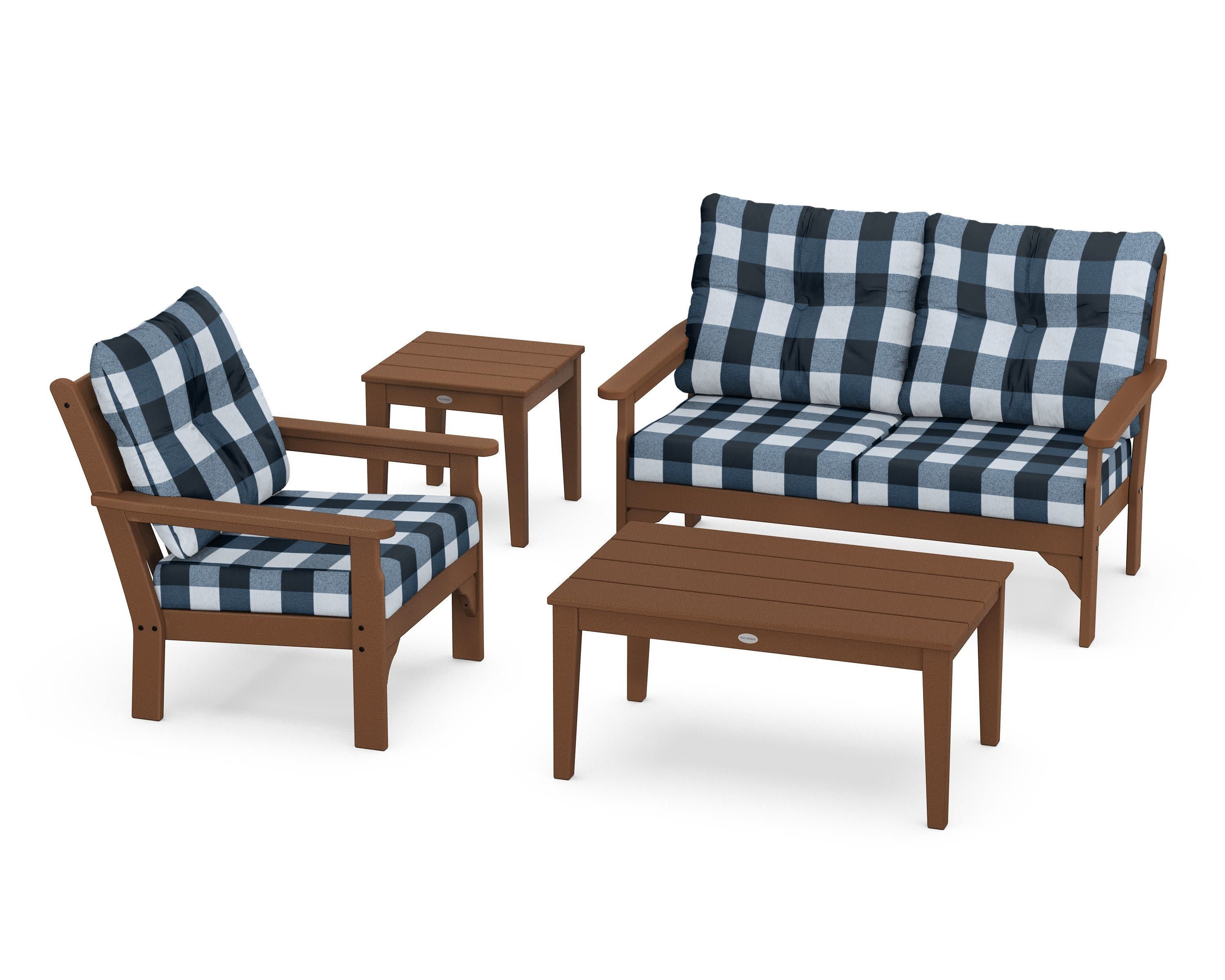 Vineyard 4-Piece Deep Seating Set in Teak / Buffalo Plaid Marine Indigo