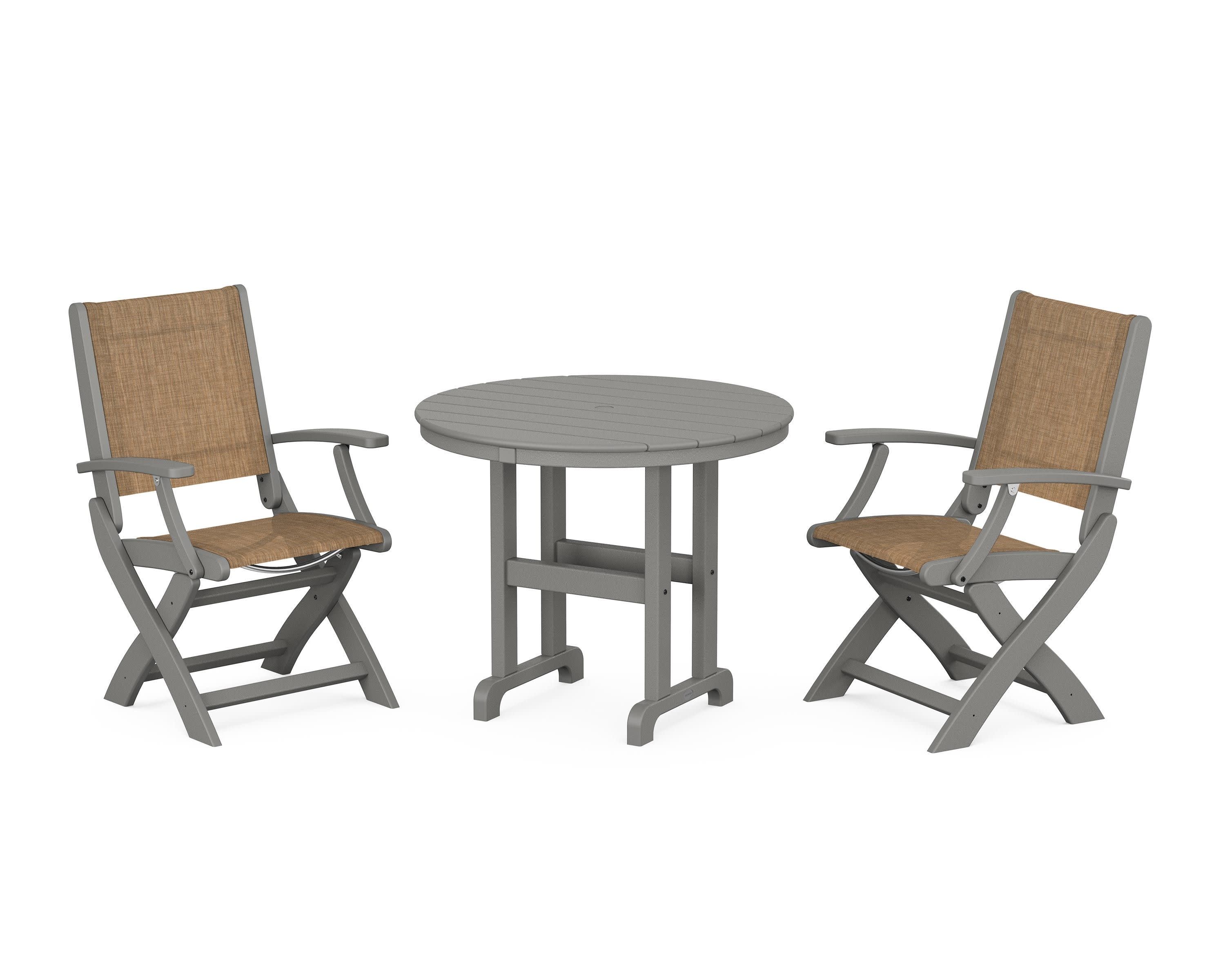 Coastal Folding Chair 3-Piece Round Dining Set in Slate Grey / Burlap Sling