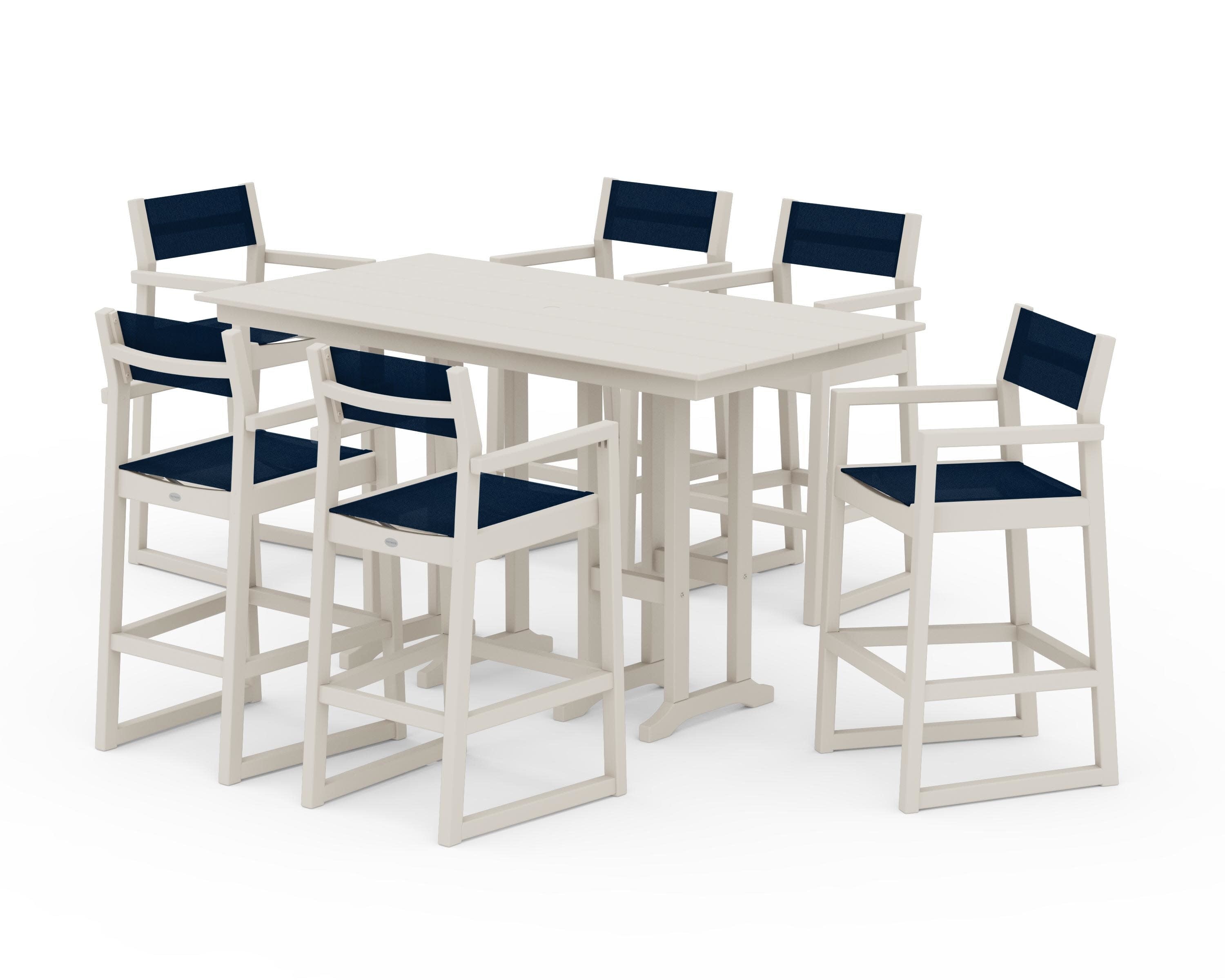 EDGE Sling Arm Chair 7-Piece Farmhouse Bar Set in Sand / Navy Blue Sling